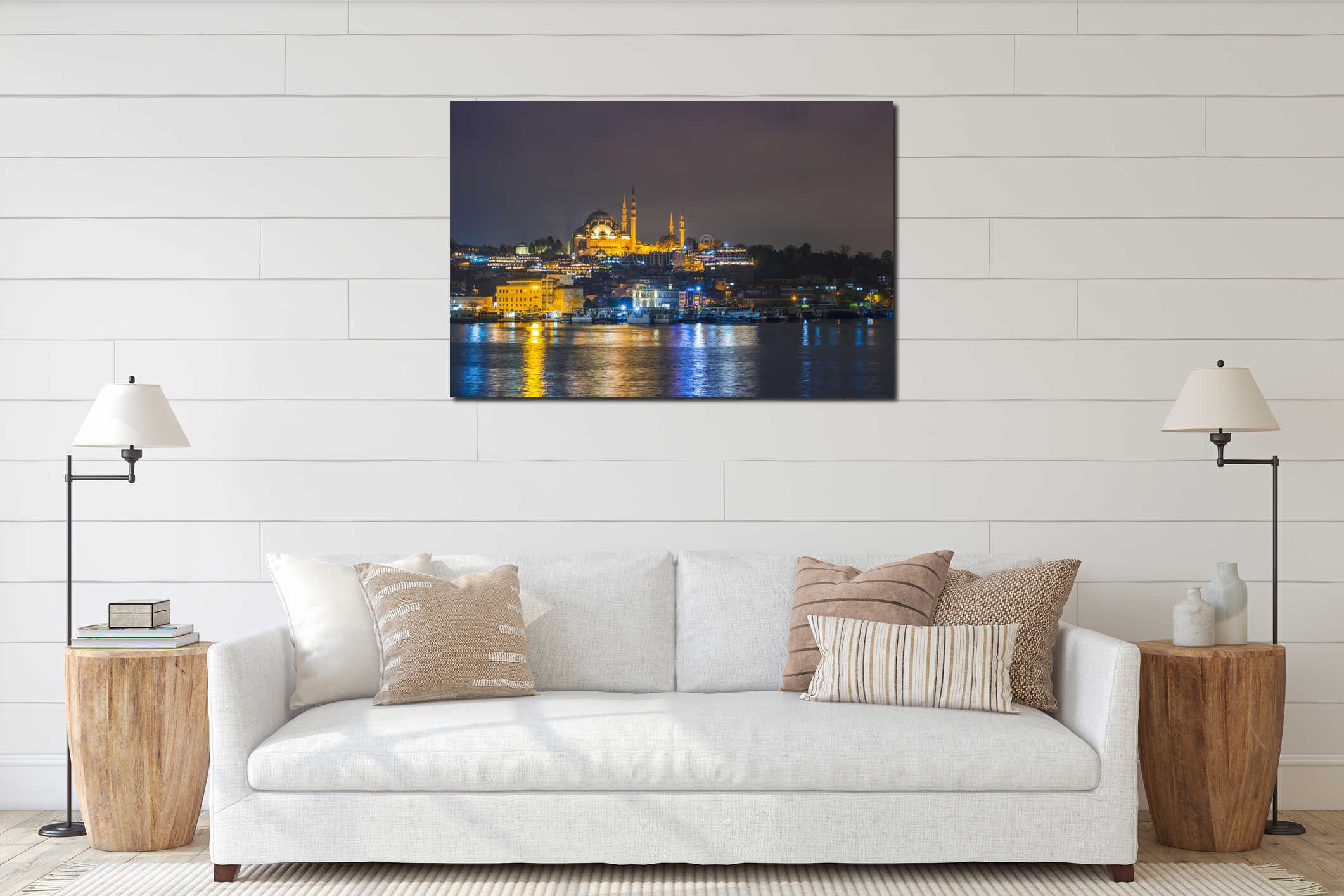 Night view of Istanbul cityscape  Suleymaniye Mosque Rustem Pasha Mosque with floating tourist boats in Bosphorus ,Istanbul interior mockup