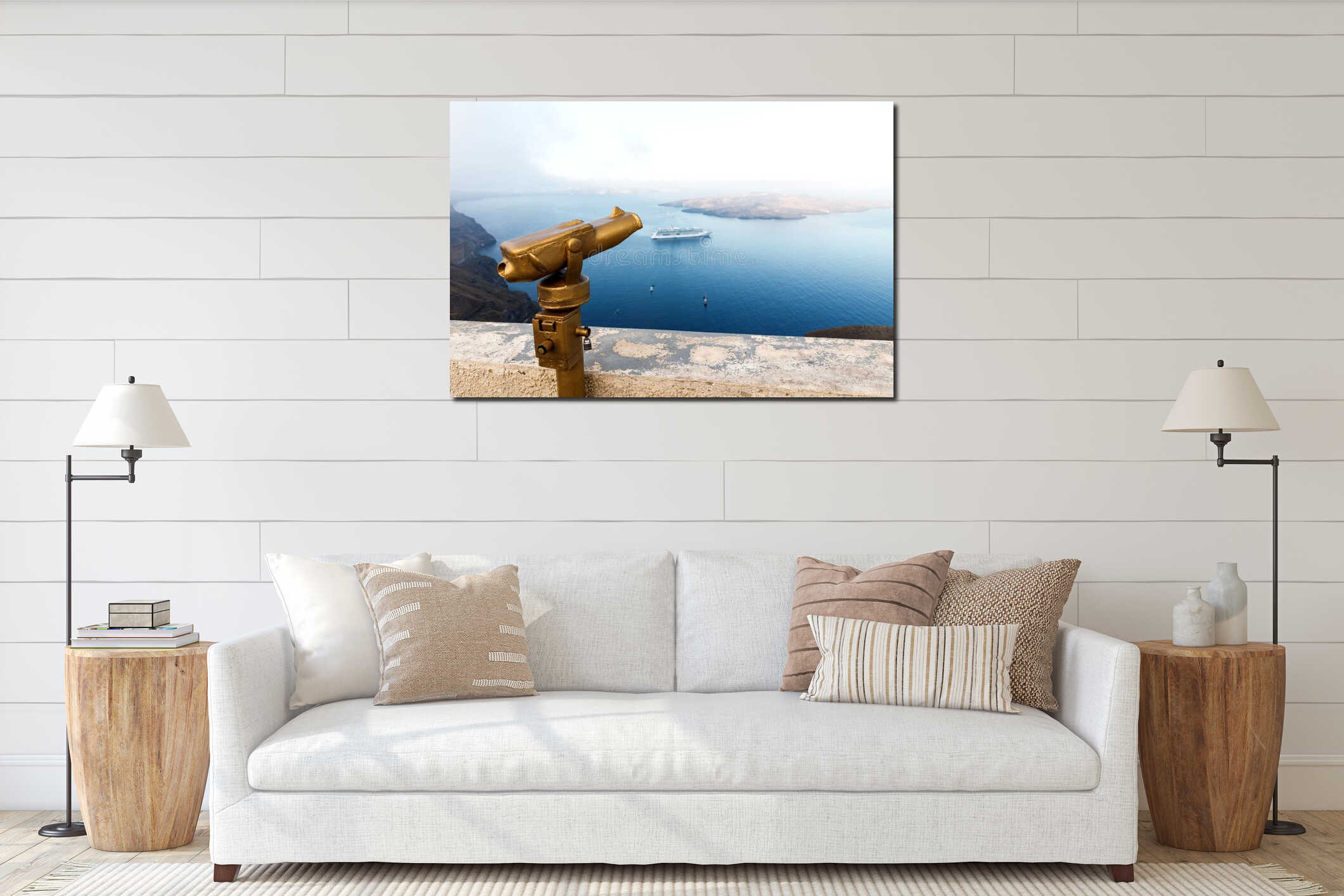 Touristic telescope look at the sea from town in Santorini island. Summer Holidays in Greece interior mockup