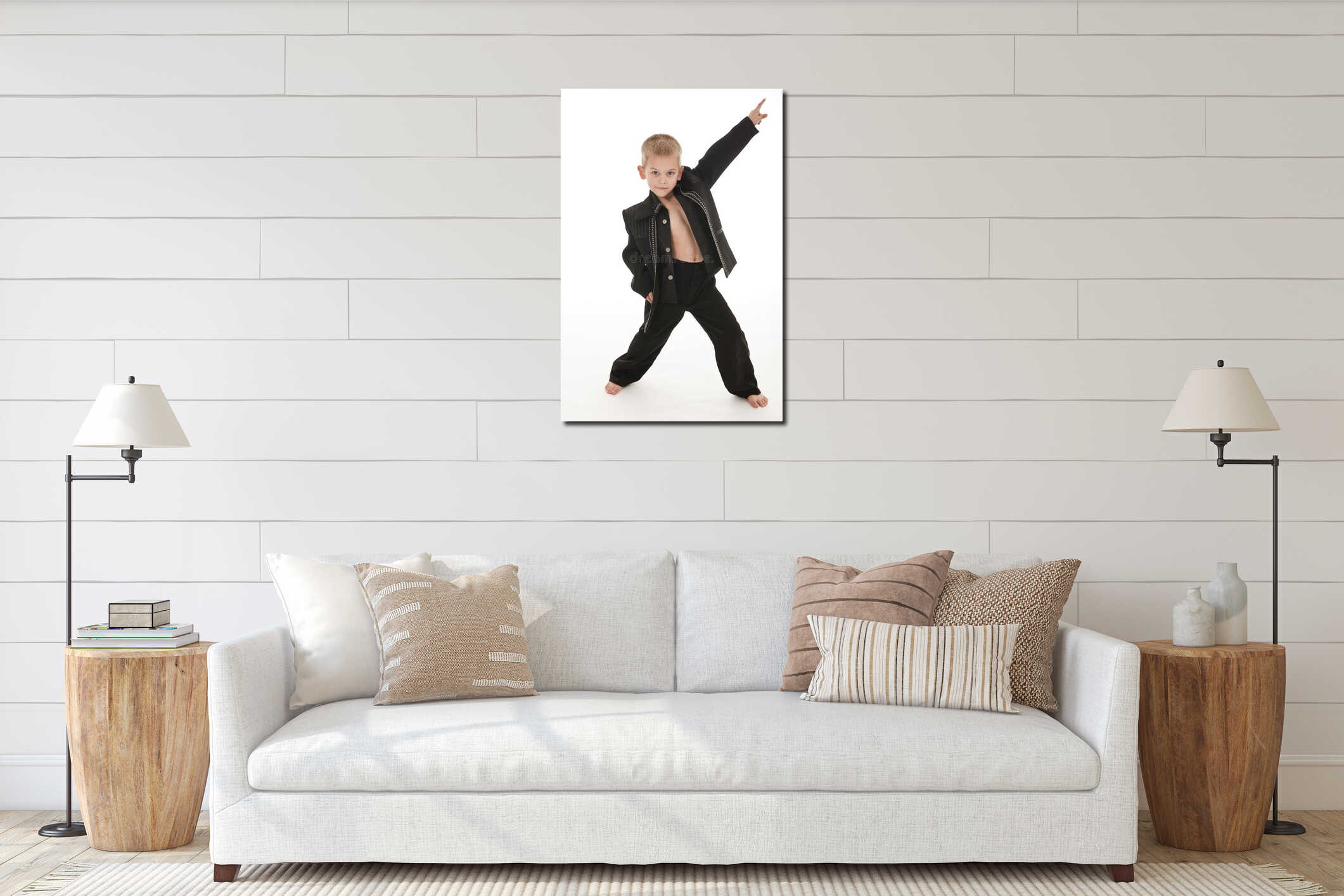 Adorable little boy pretending to be a rockstar interior mockup