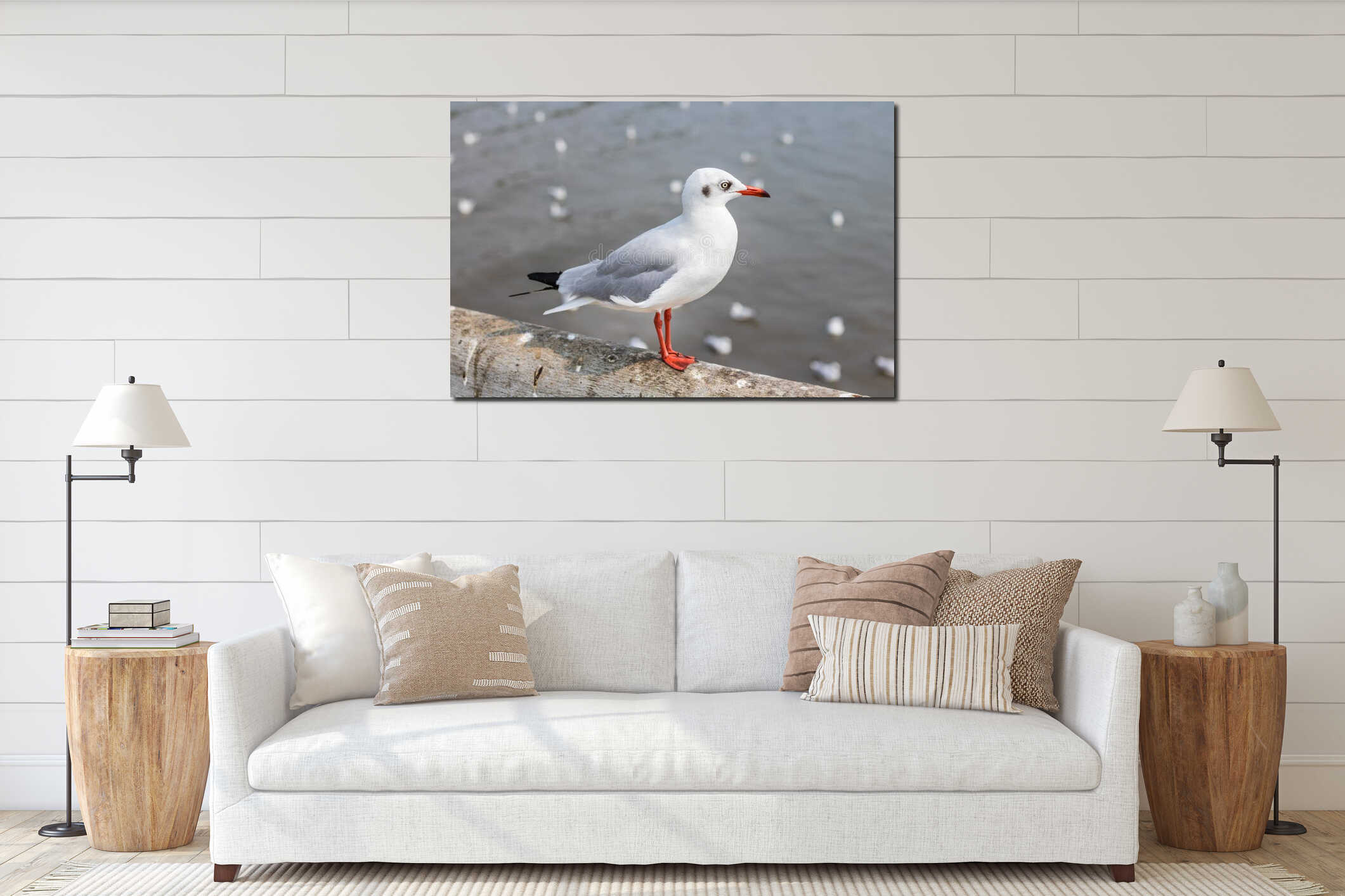 White seagull standing on the bridge in nature background interior mockup