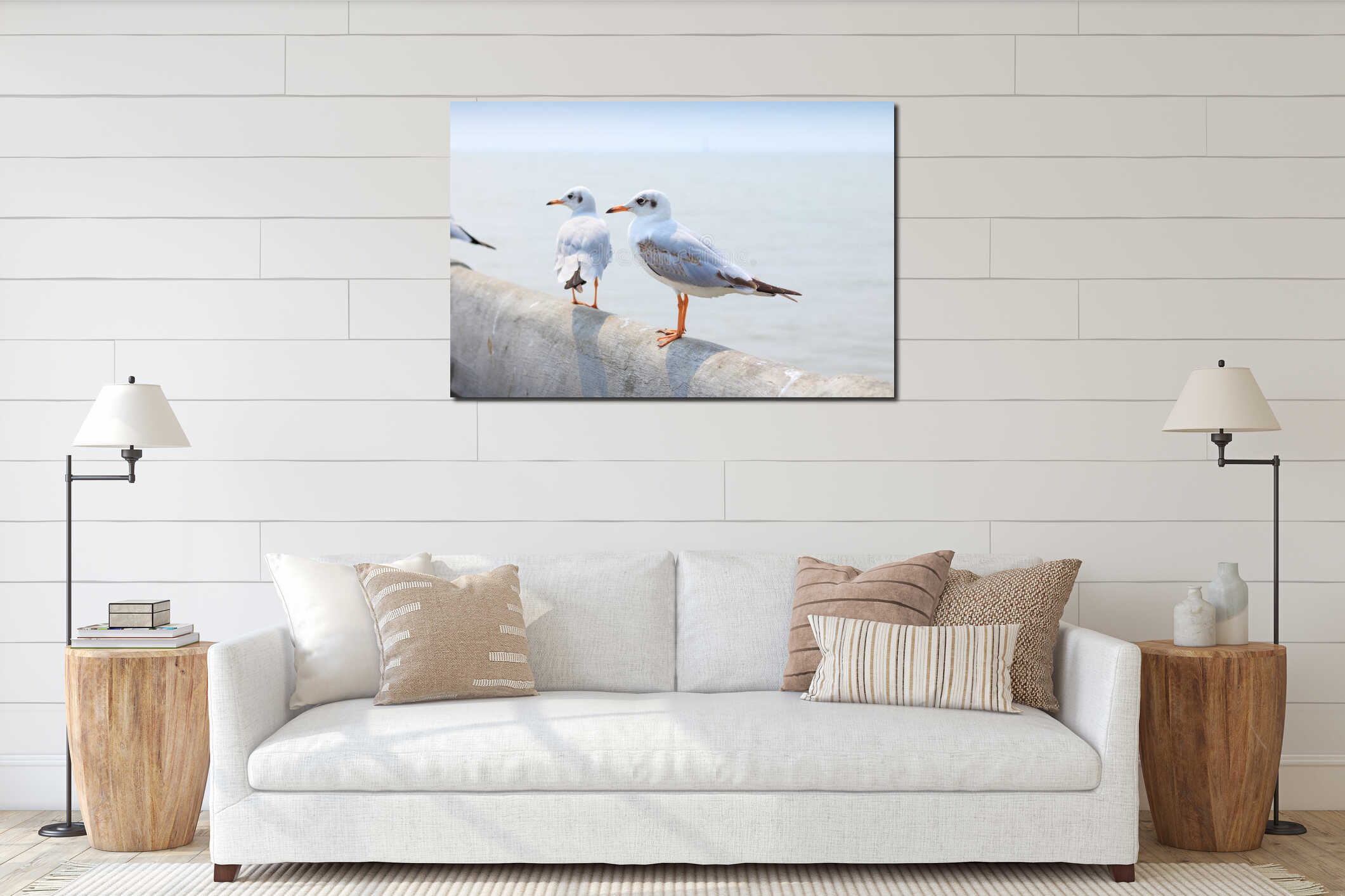 White seagull standing on the bridge in nature background interior mockup