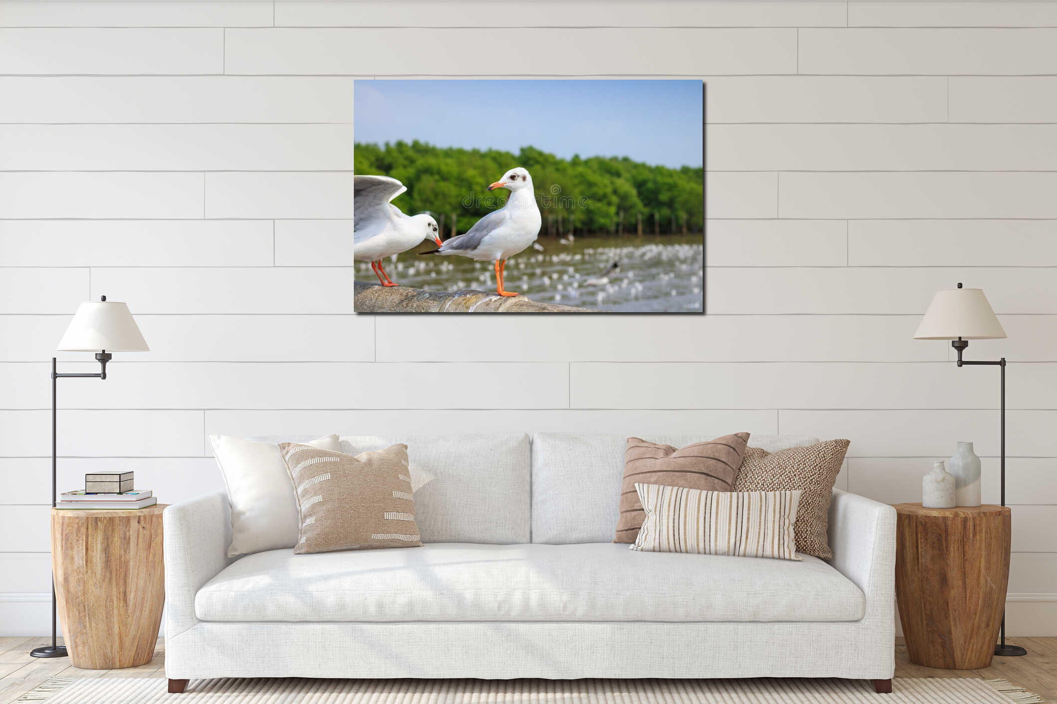 White seagull standing on the bridge in nature background interior mockup