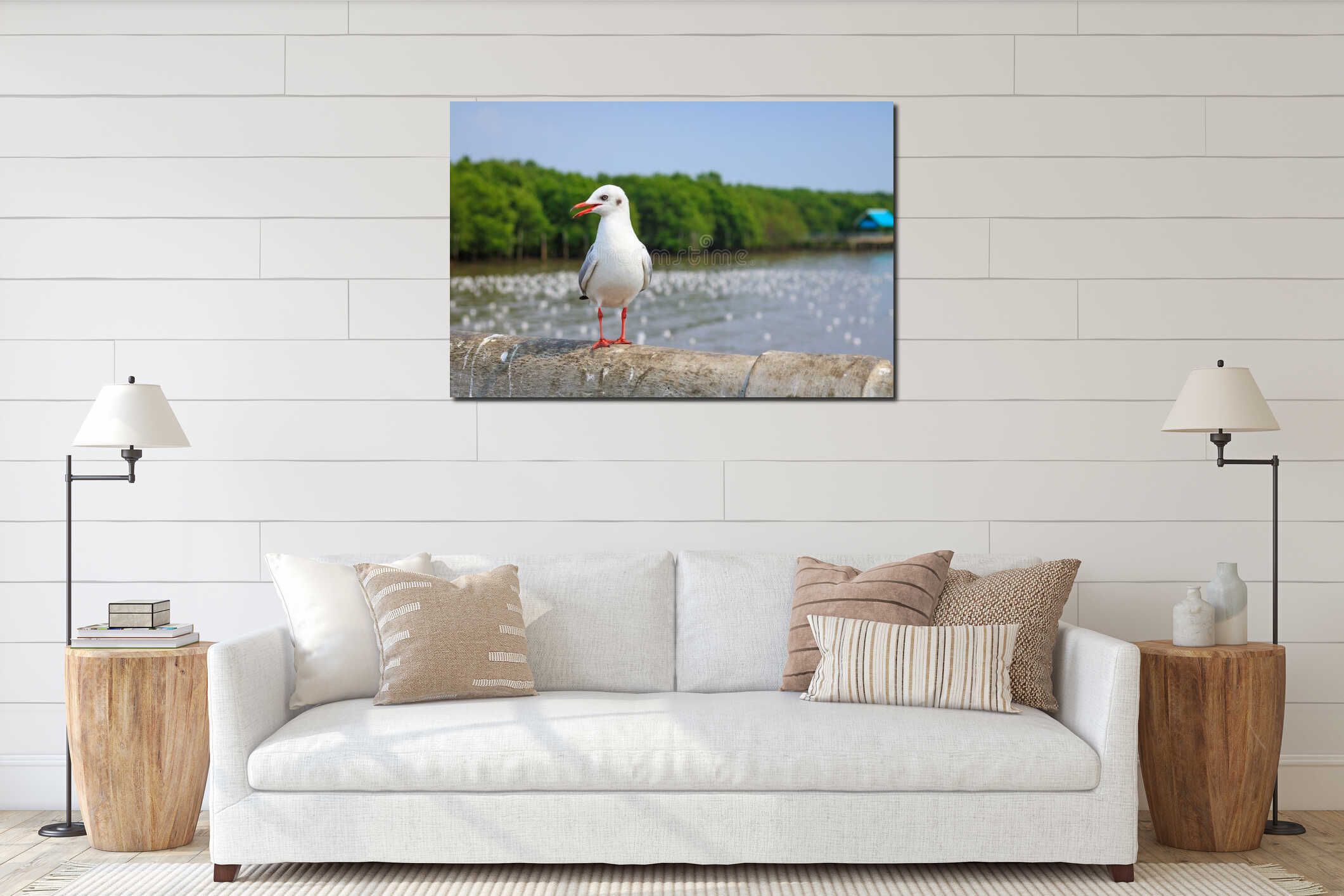 White seagull standing on the bridge in nature background interior mockup