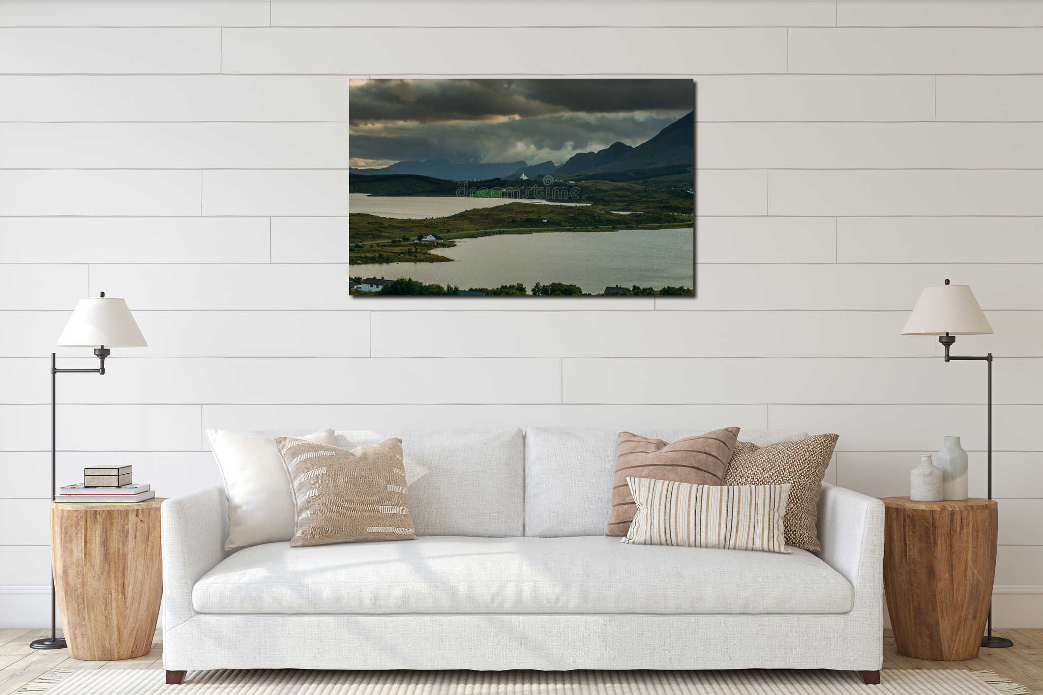 View to Bostad church and mountains, Lofoten Islands interior mockup