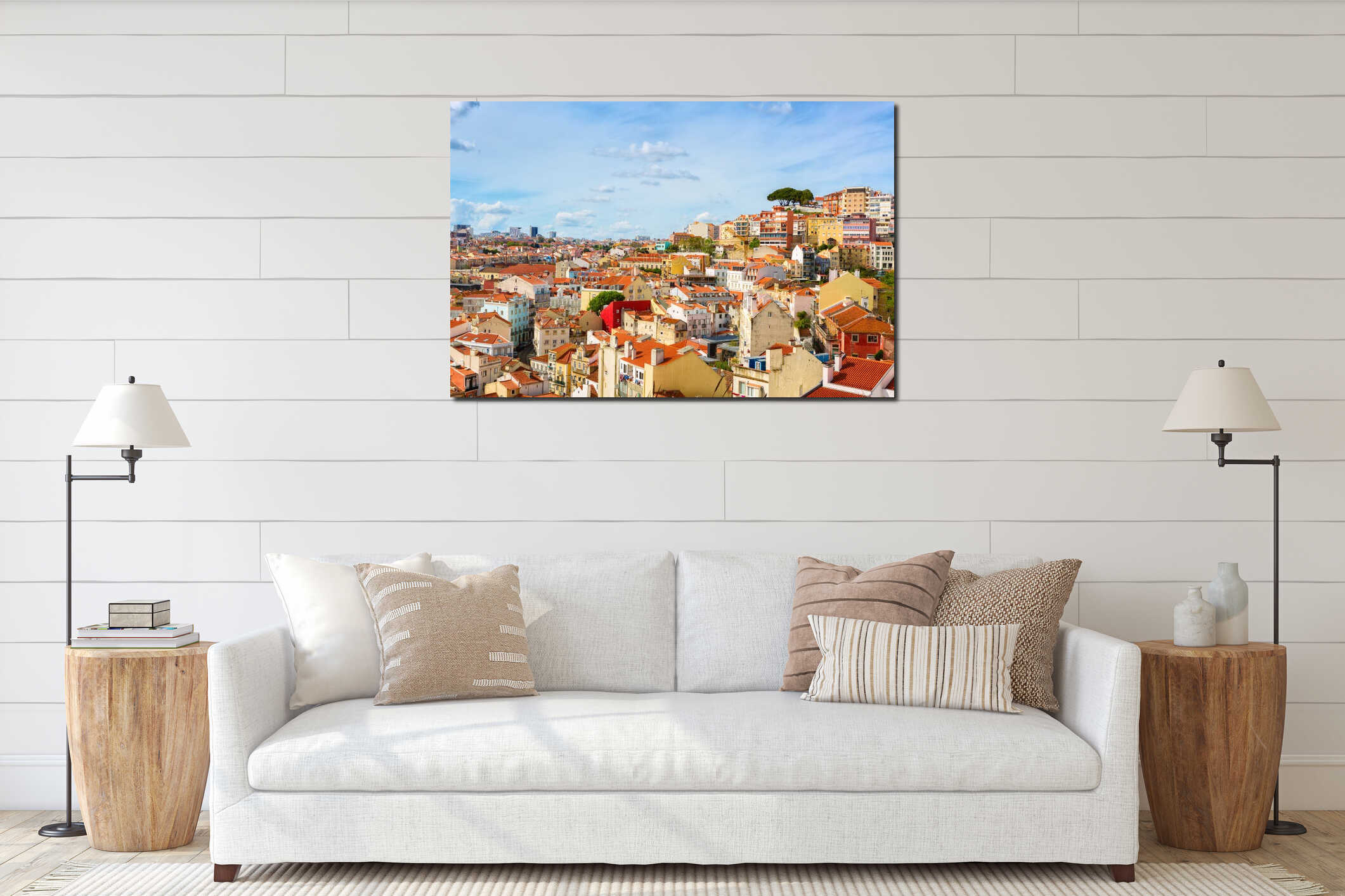 Panorama of the old town in Lisbon in sunny spring day, Portugal. The Mouraria and Graca historical districts interior mockup
