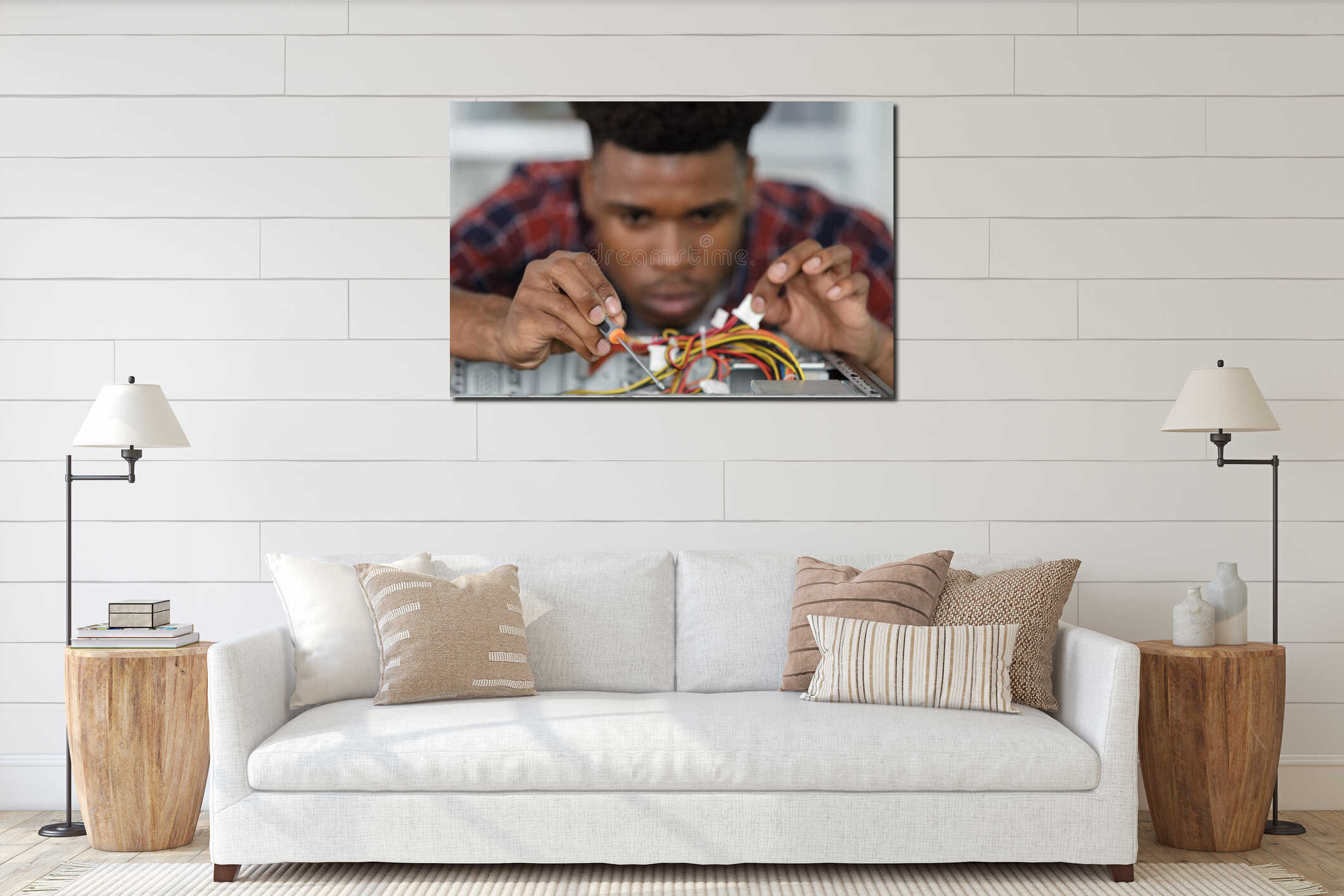 Close up hands male computer technician interior mockup