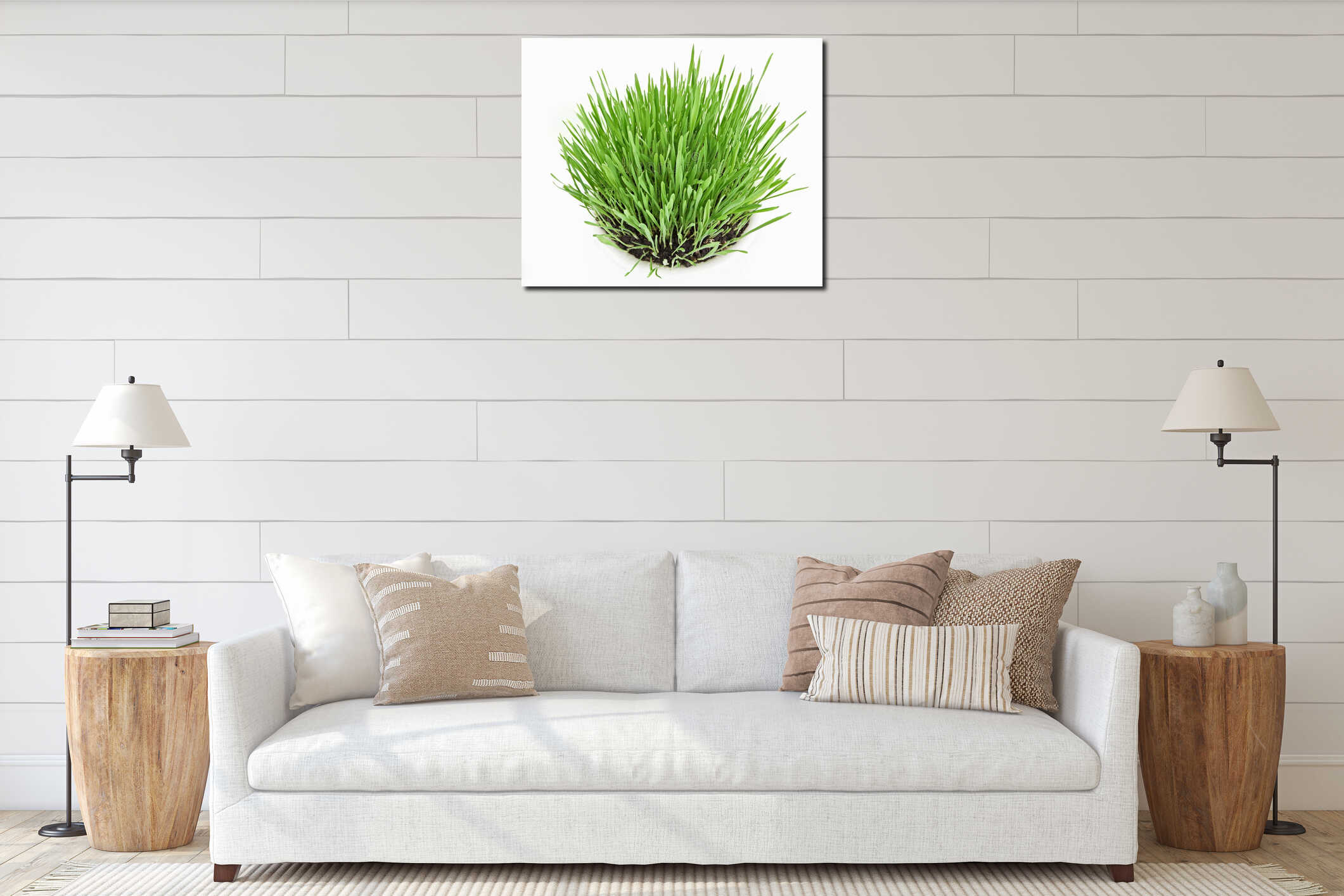 Fresh new green grass in white plate interior mockup