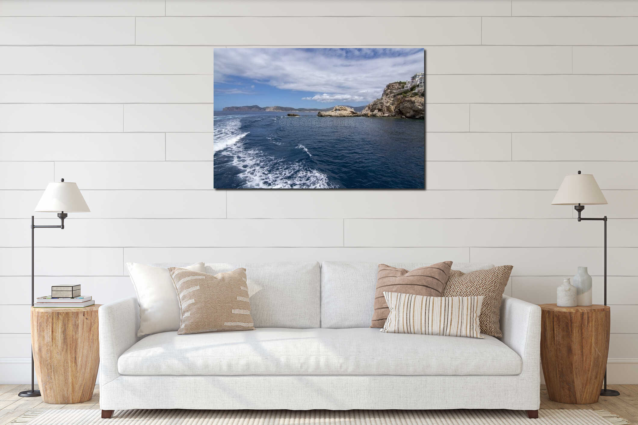 Coastal landscape sea view with islands Santa Ponsa Mallorca interior mockup