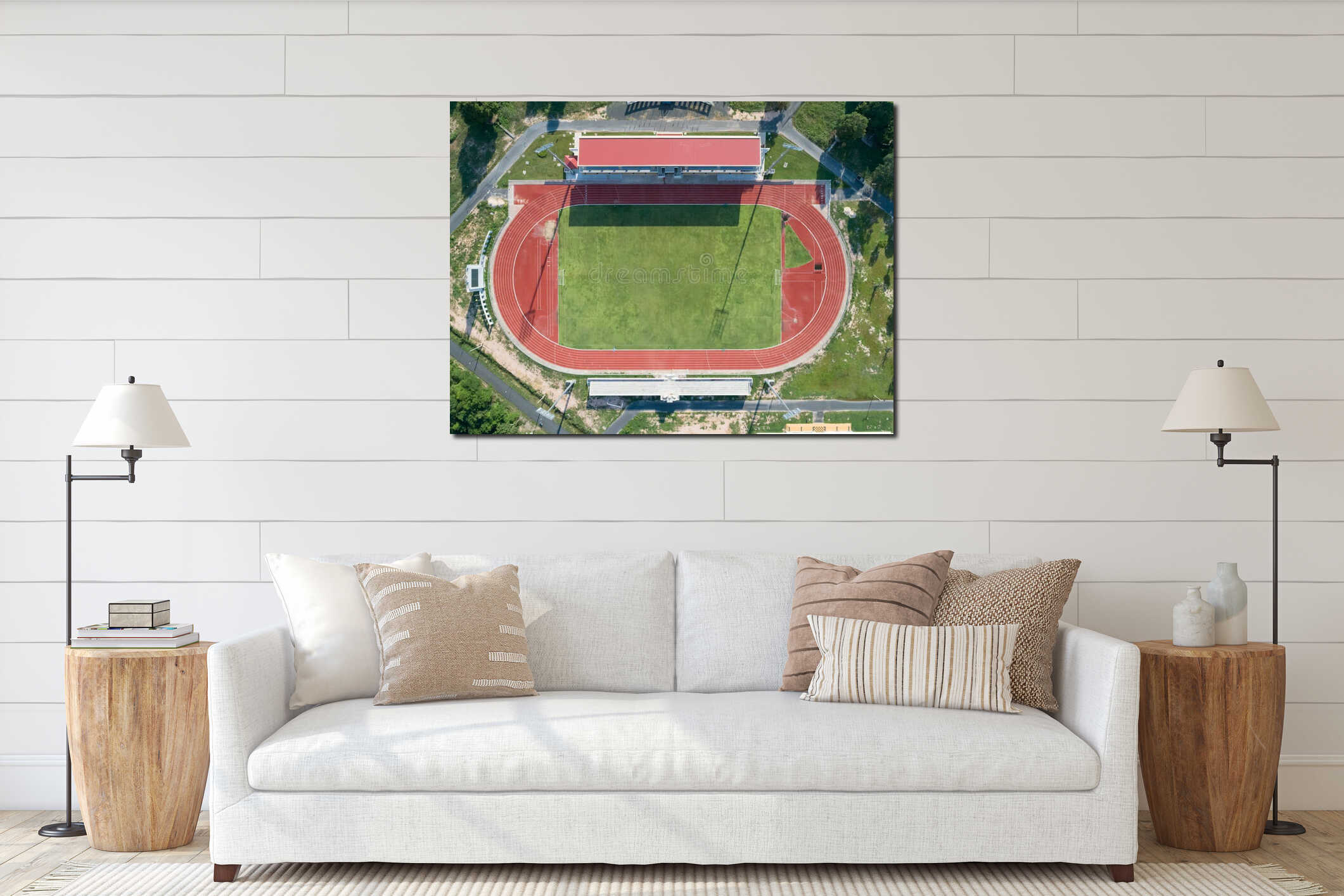 Aerial top view on a soccer field, grandstand, football field with red running track. race track in a stadium. interior mockup