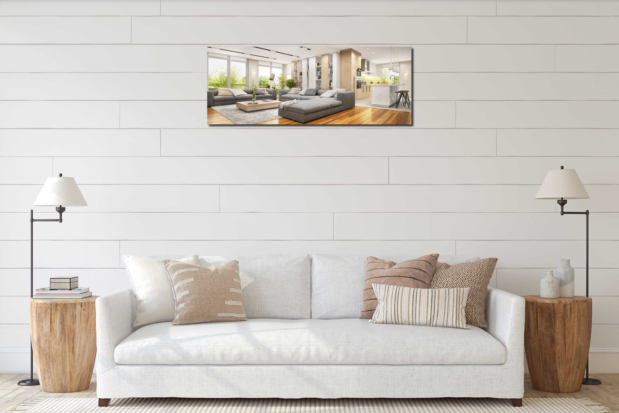 Modern living room with large sofas and modern kitchen interior mockup