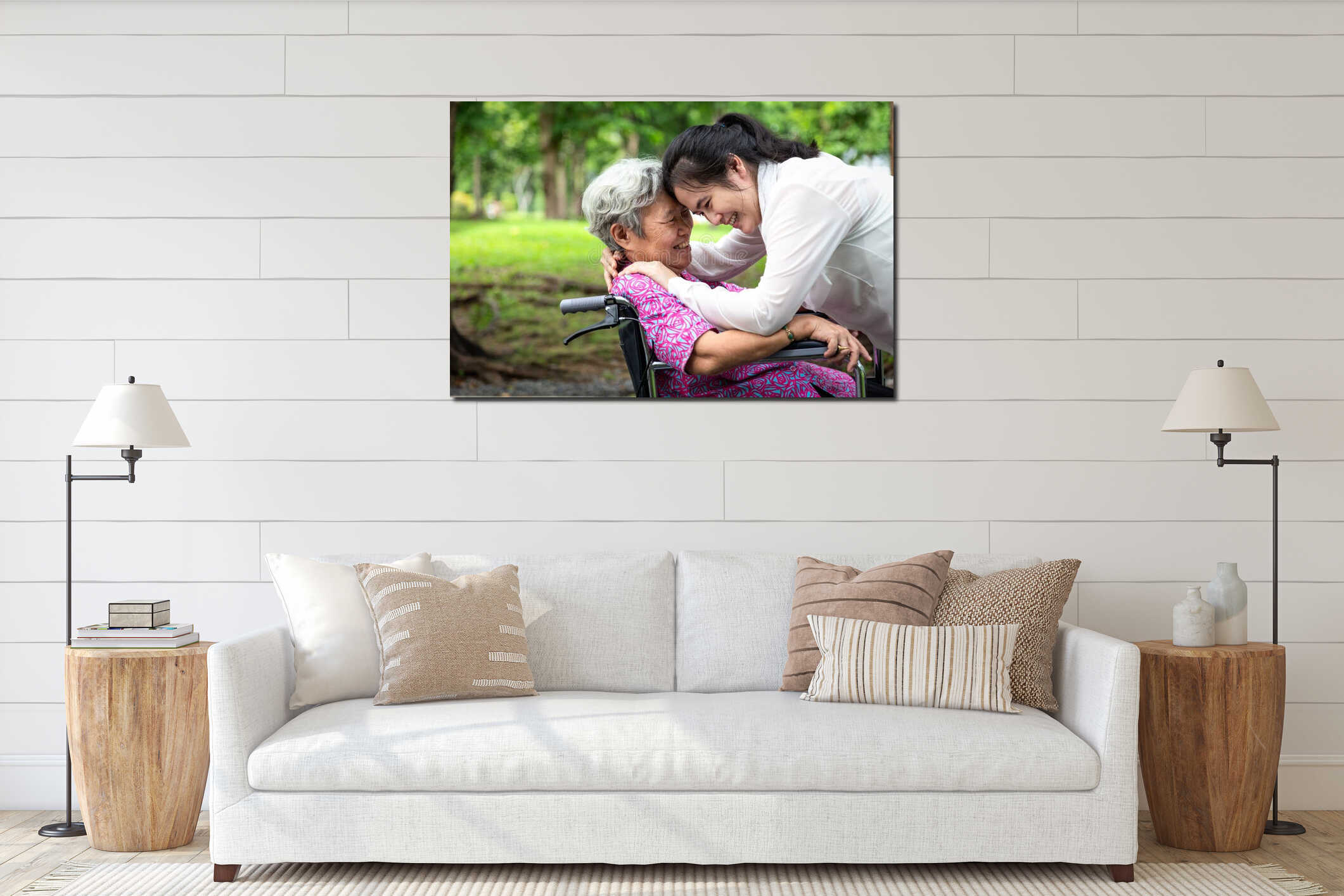Closeup,Happy beautiful asian senior people with adult woman hugging,smiling in summer,love of mother with her daughter in interior mockup