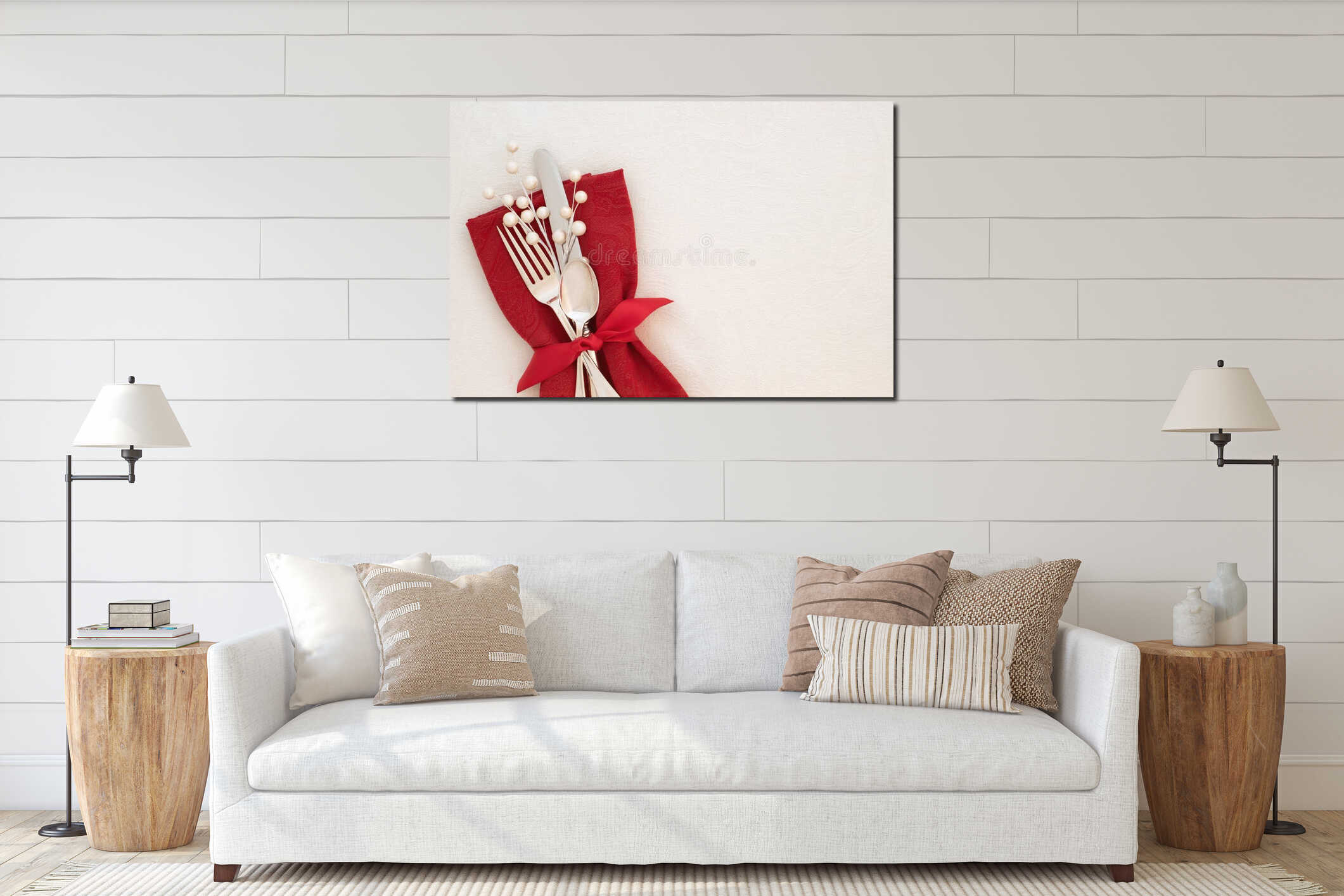 Fancy Christmas Table Place Setting with red napkin, silverware, and white berries on creamy white tablecloth background with copy interior mockup