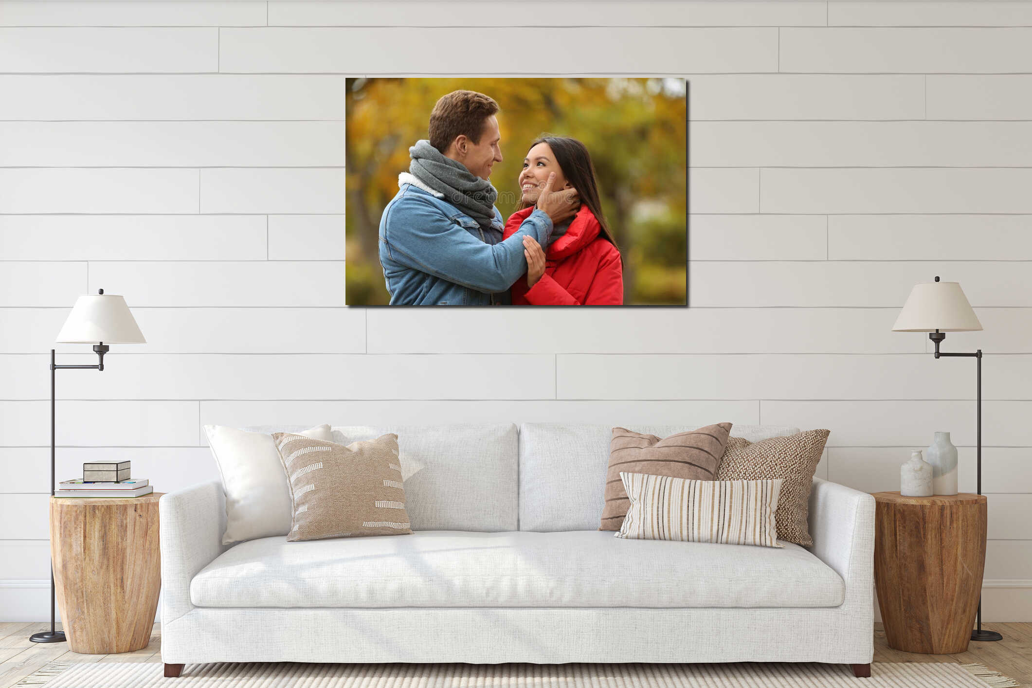 Loving young couple on romantic date in autumn park interior mockup