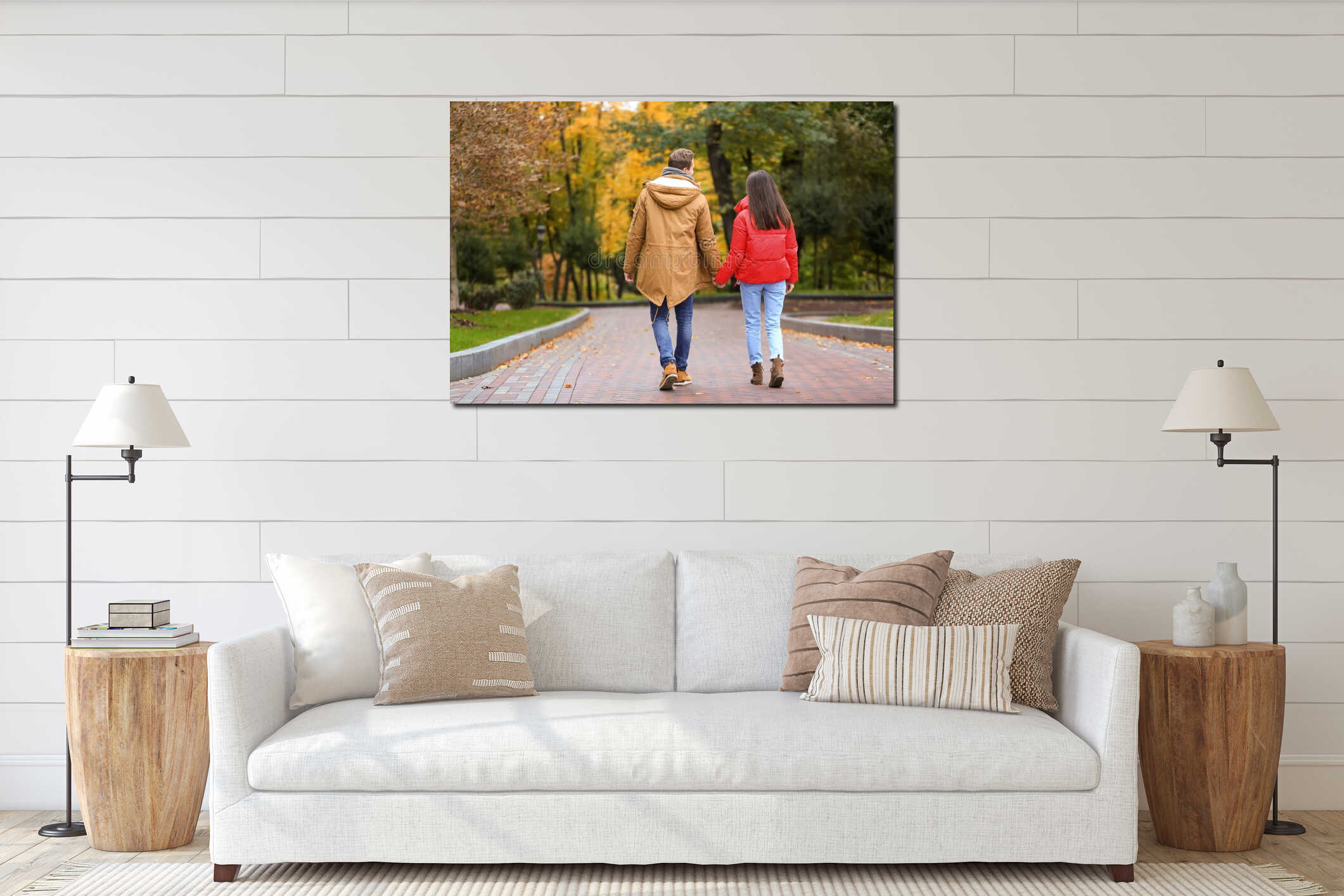 Loving young couple on romantic date in autumn park interior mockup