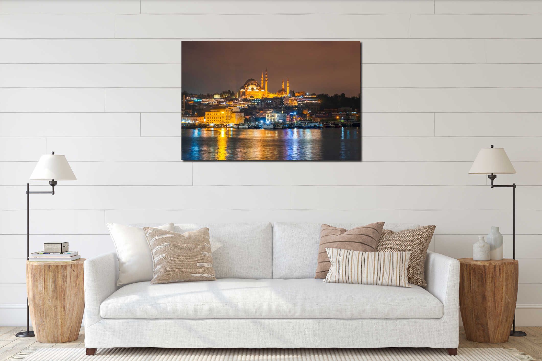 Night view of Istanbul cityscape Suleymaniye Mosque Rustem Pasha Mosque with floating tourist boats in Bosphorus ,Istanbul interior mockup