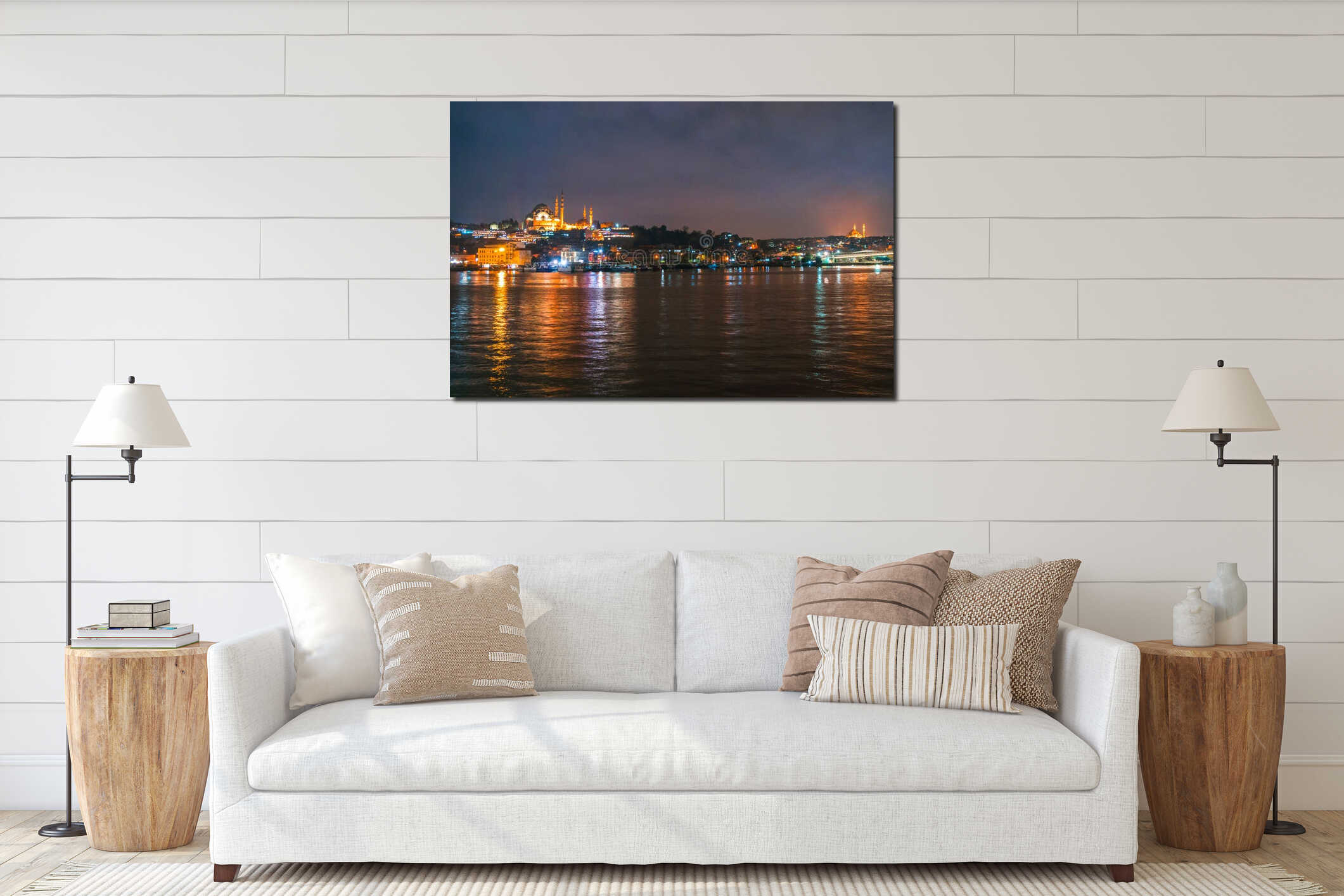 Night view of Istanbul cityscape Suleymaniye Mosque Rustem Pasha Mosque with floating tourist boats in Bosphorus ,Istanbul interior mockup