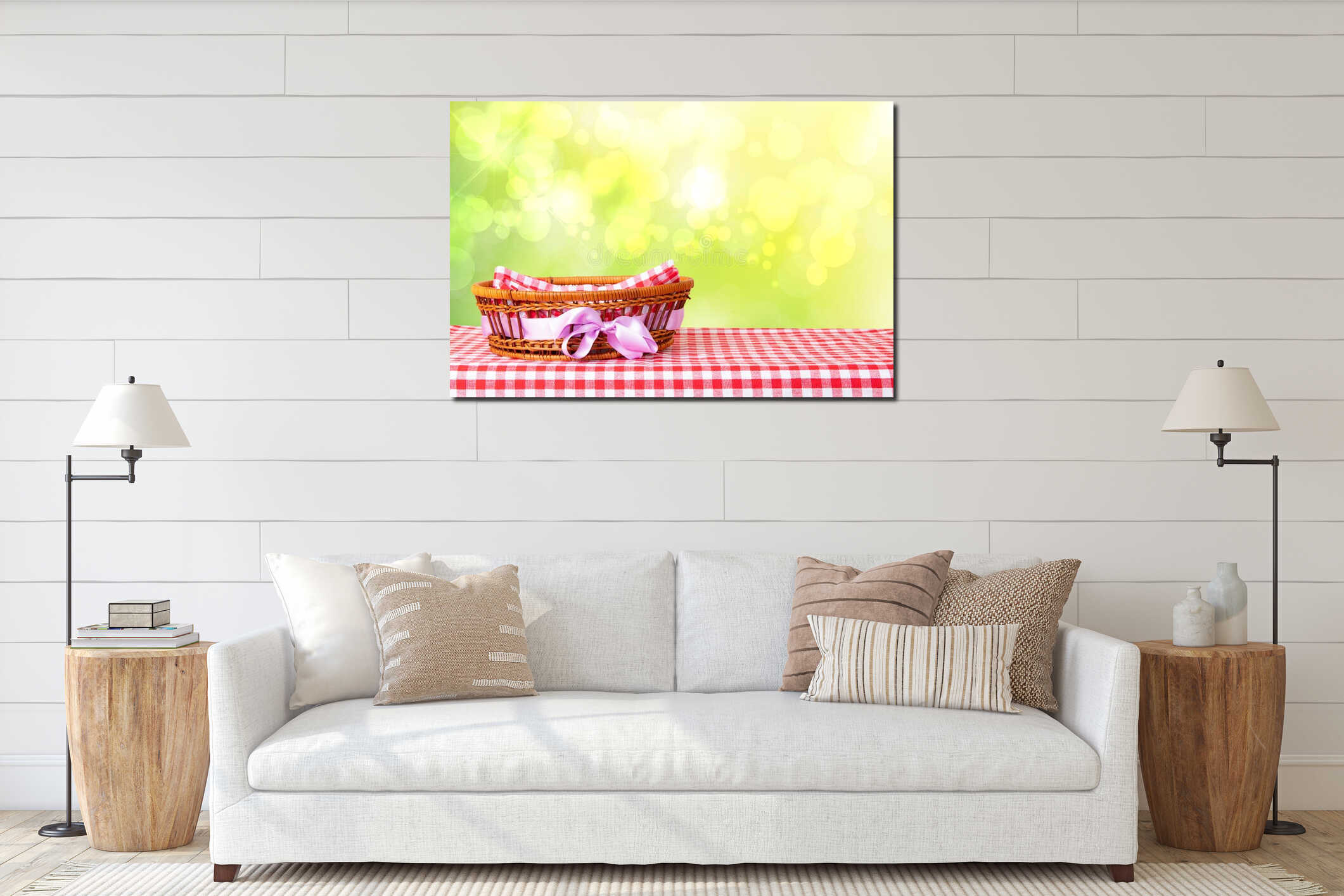 Empty basket with purple ribbon on red checkered tablecloth with abstract bright yellow spring or summer background. For your food interior mockup