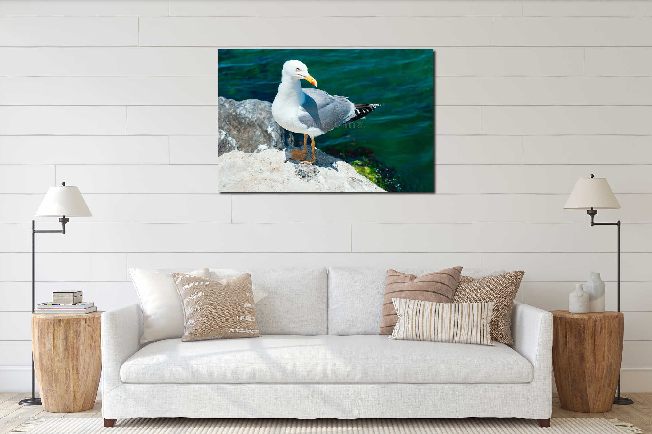 Seagull sitting on the rock interior mockup
