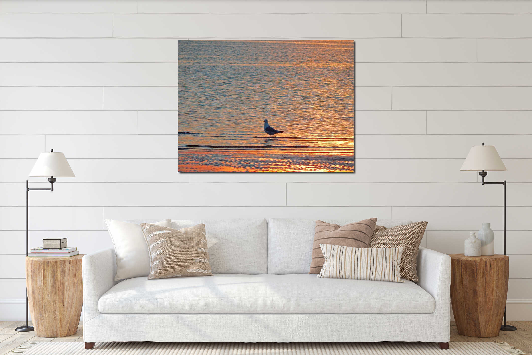 A seagull standing in the beautifully-colored waters of the White Sea at sunset interior mockup