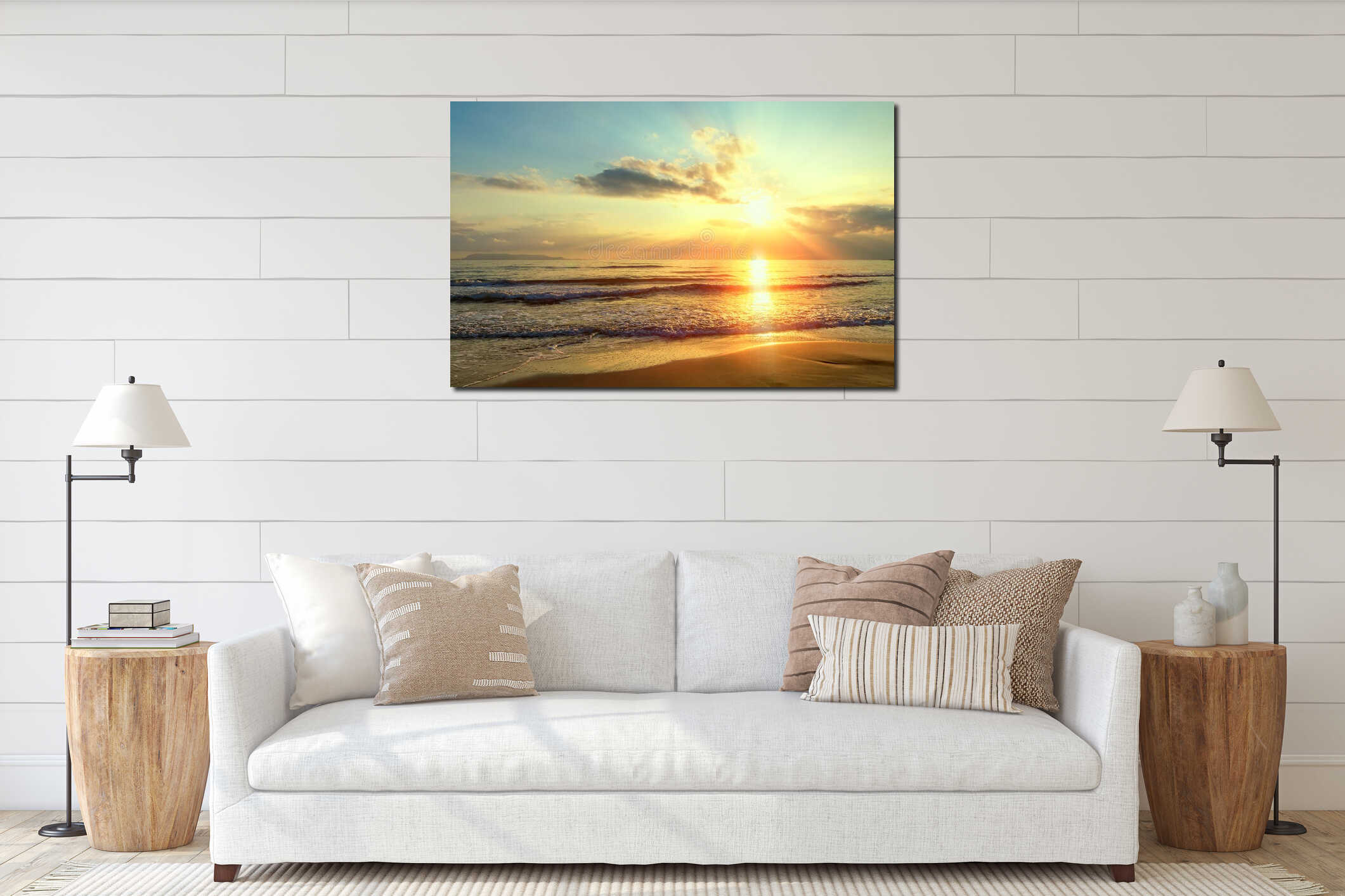 Golden sunrise sunset over the sea ocean waves. Rich in dark clouds, rays of light interior mockup