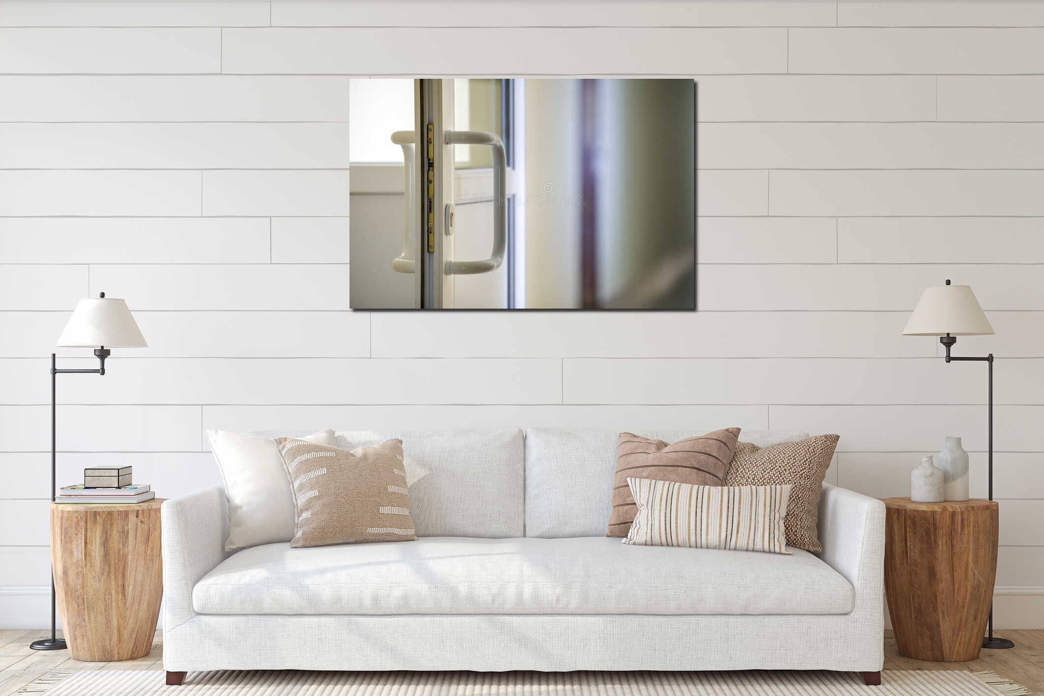 White plastic door detail with metal lock, handle and transparent glass on blurred interior background. Installation and design interior mockup