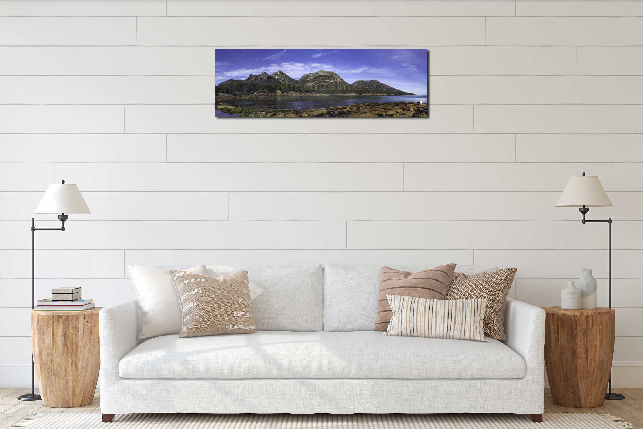 A Pacific Gull sits on rocks in front of a panorama of Honeymoon Bay, Mt Amos and the Hazard Ranges, Freycinet National Park interior mockup