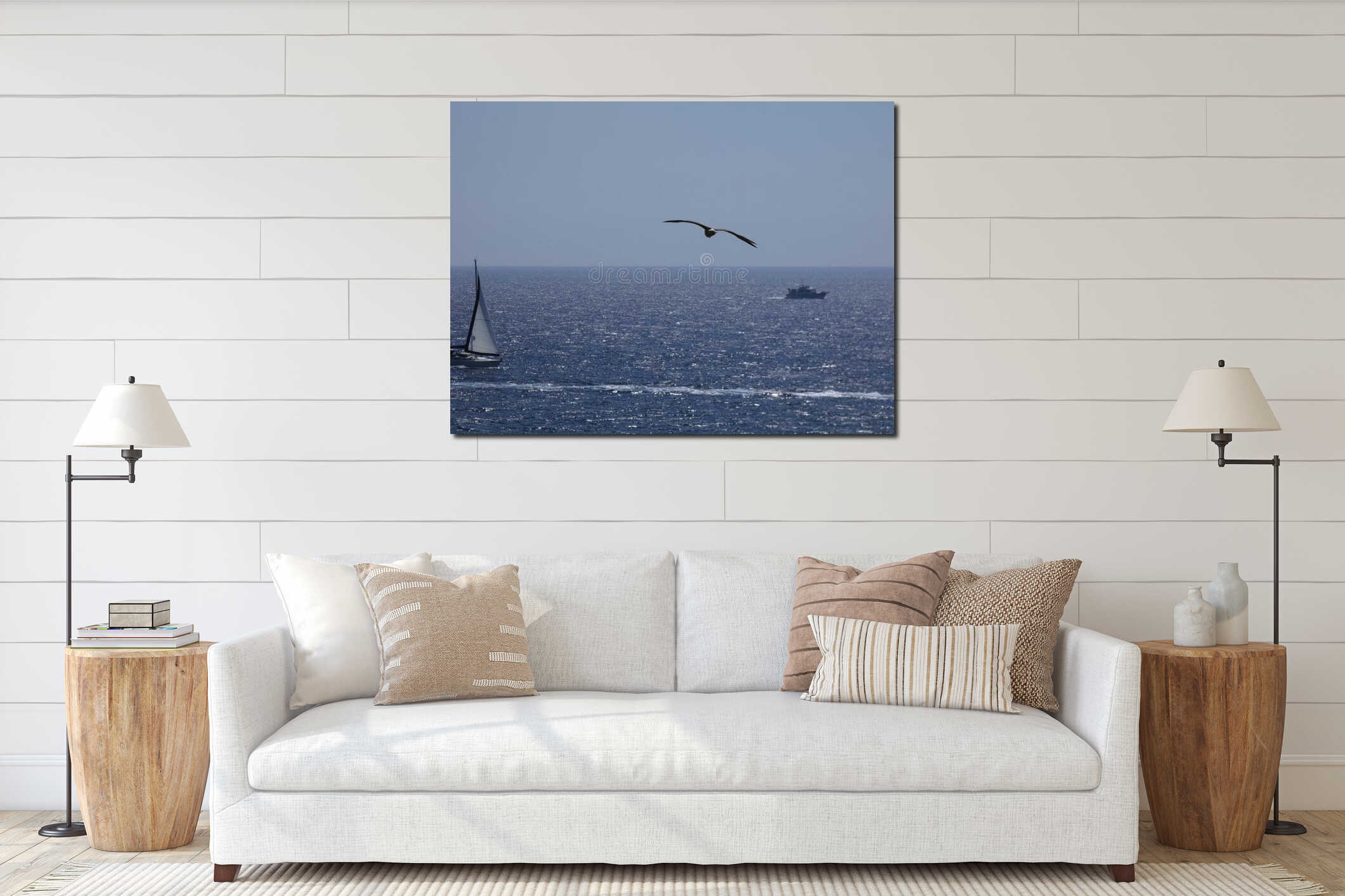 Seagull flying over the mediterranean sea interior mockup