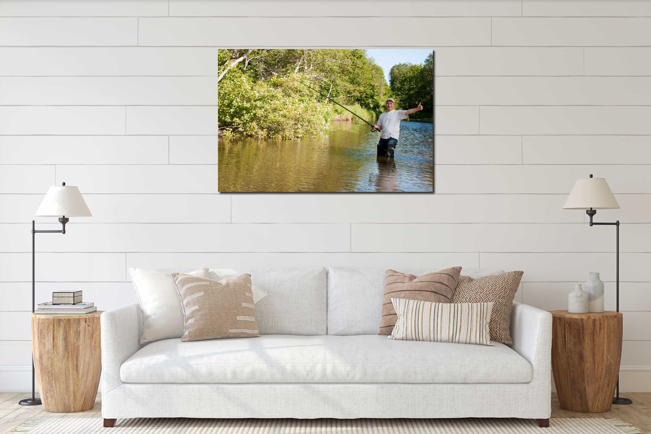 Fisherman fishing on a river interior mockup