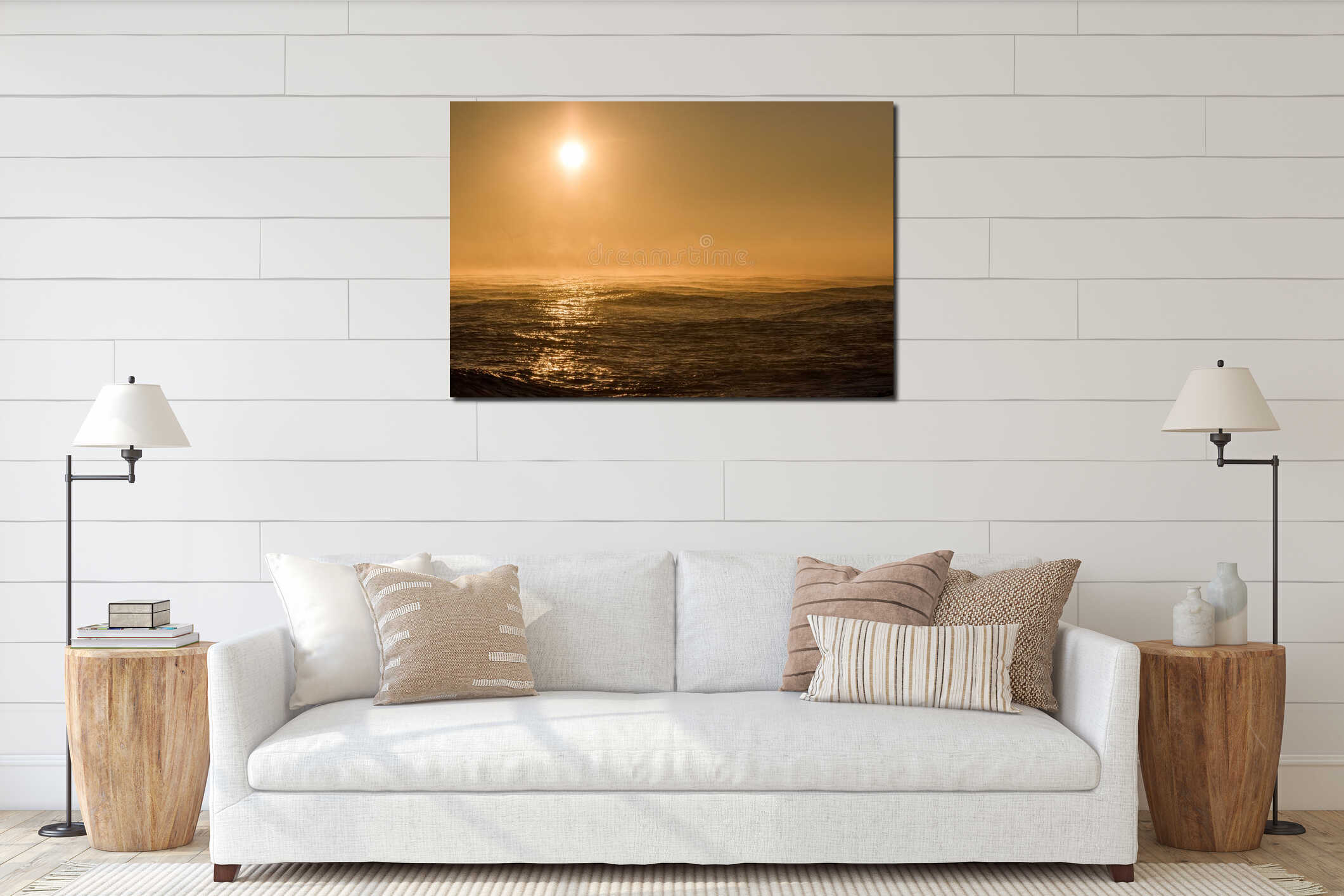 Seascape sunrise. Beautiful misty morning sun over sea with background wind turbine interior mockup