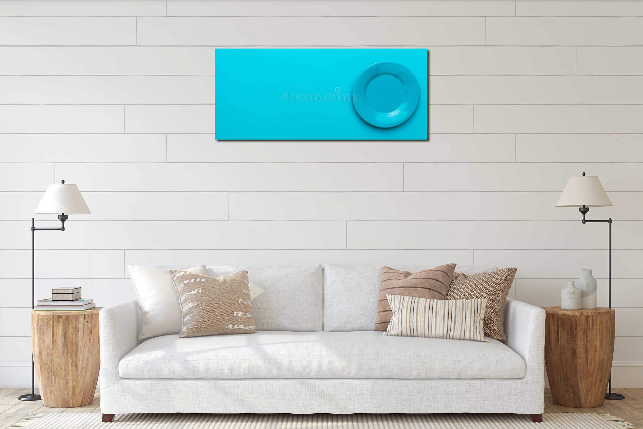 Top view of empty round blue plate on turquoise blue background with copy space interior mockup