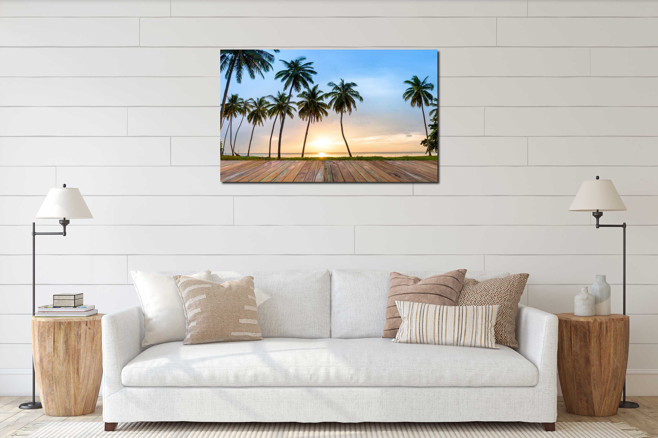 Landscape of sea coast, Coconut palms on tropical beach at sunset background interior mockup
