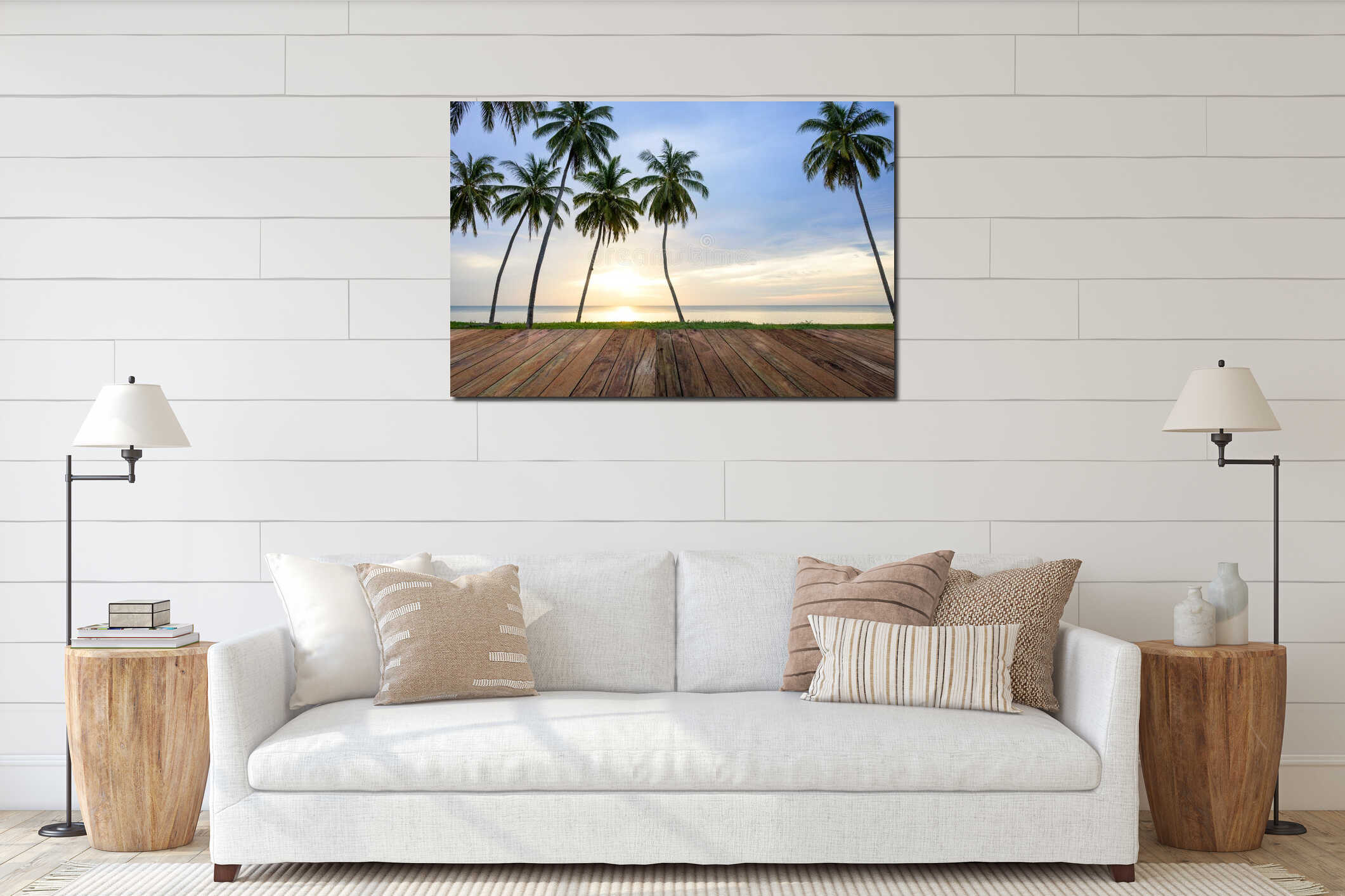 Empty wooden pier on Sea coast, Coconut palms on tropical beach interior mockup