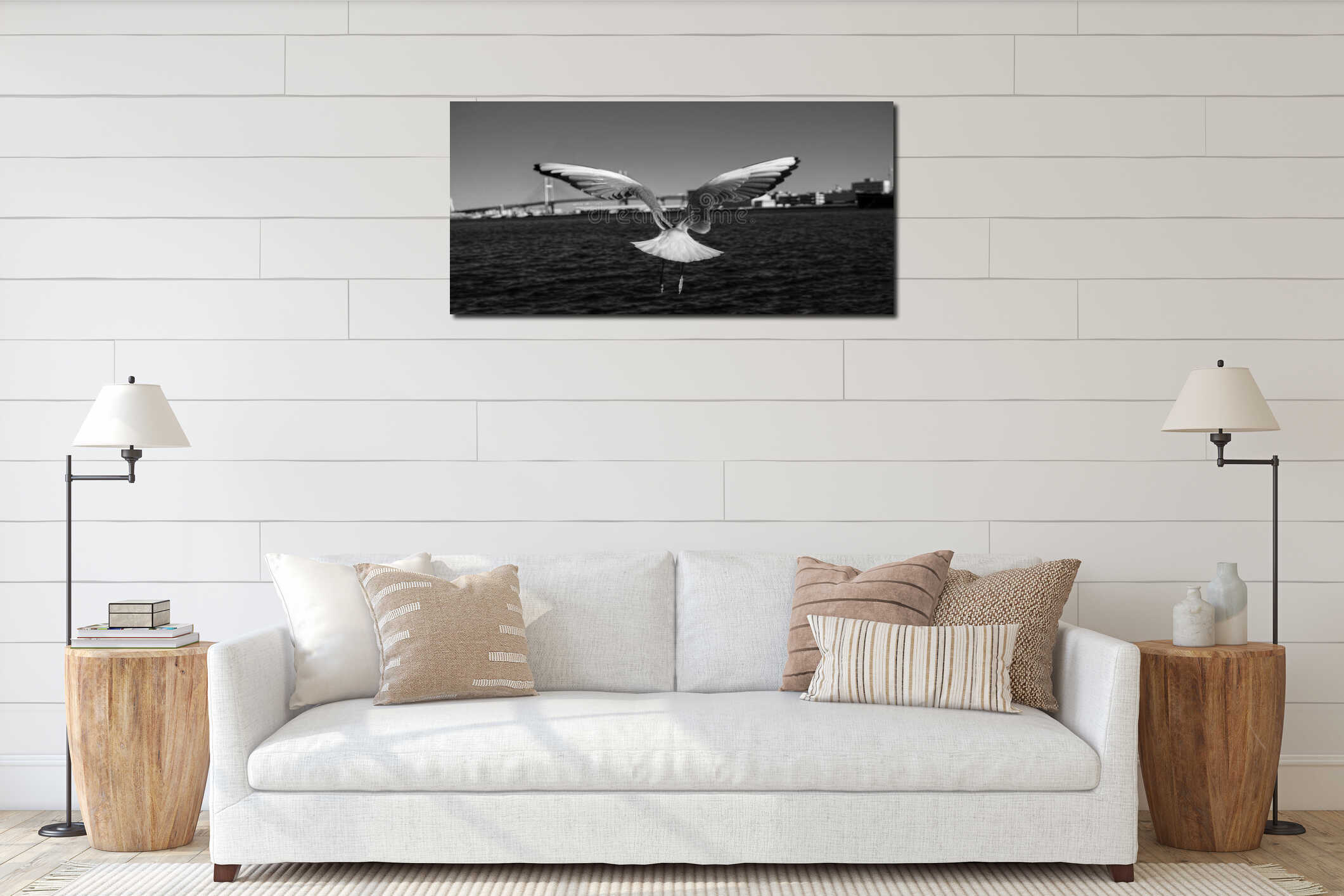 A seagull flying away, artisticly taken interior mockup
