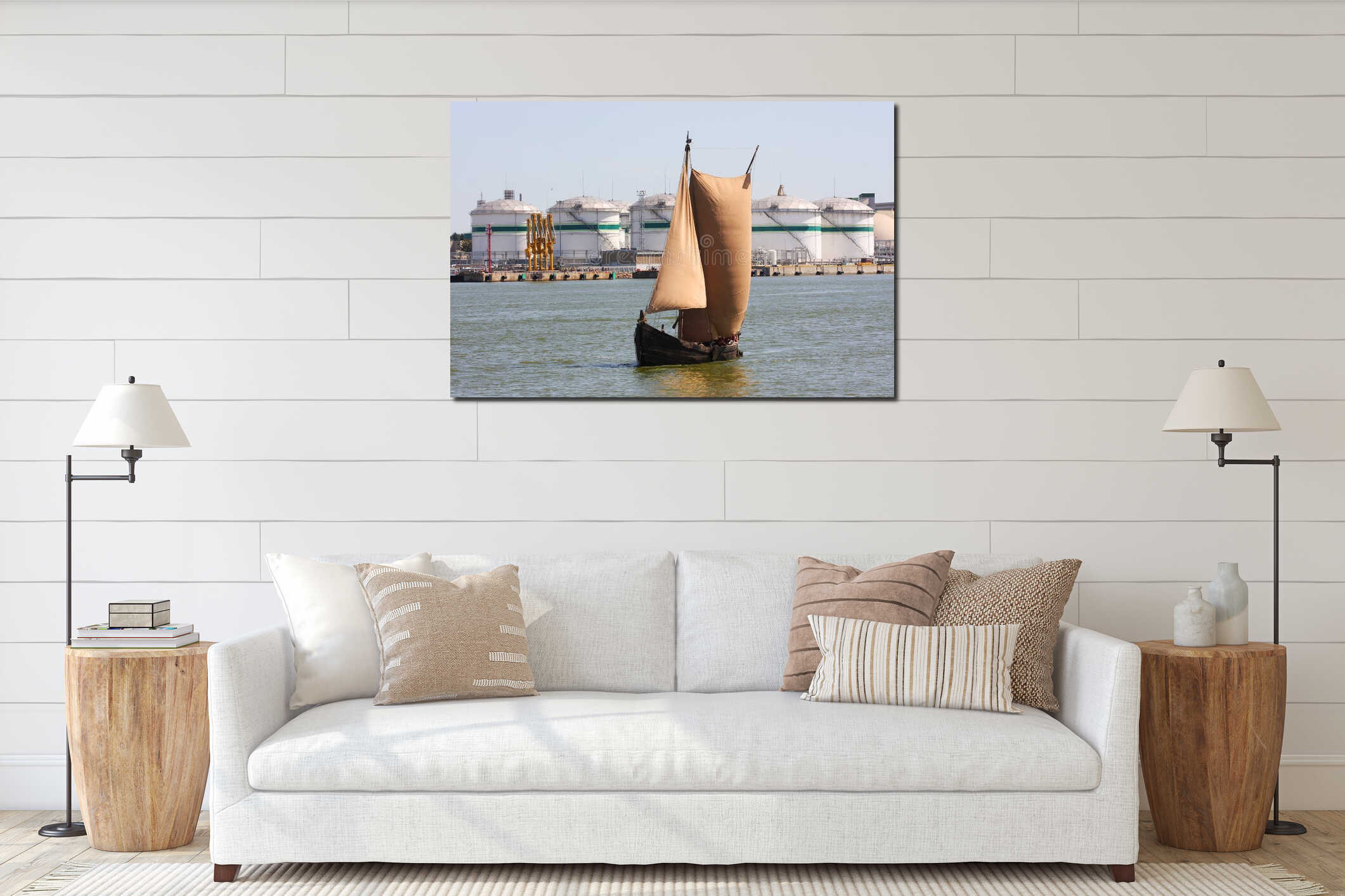 Ancient sailing boat in the port oil terminal in the background interior mockup