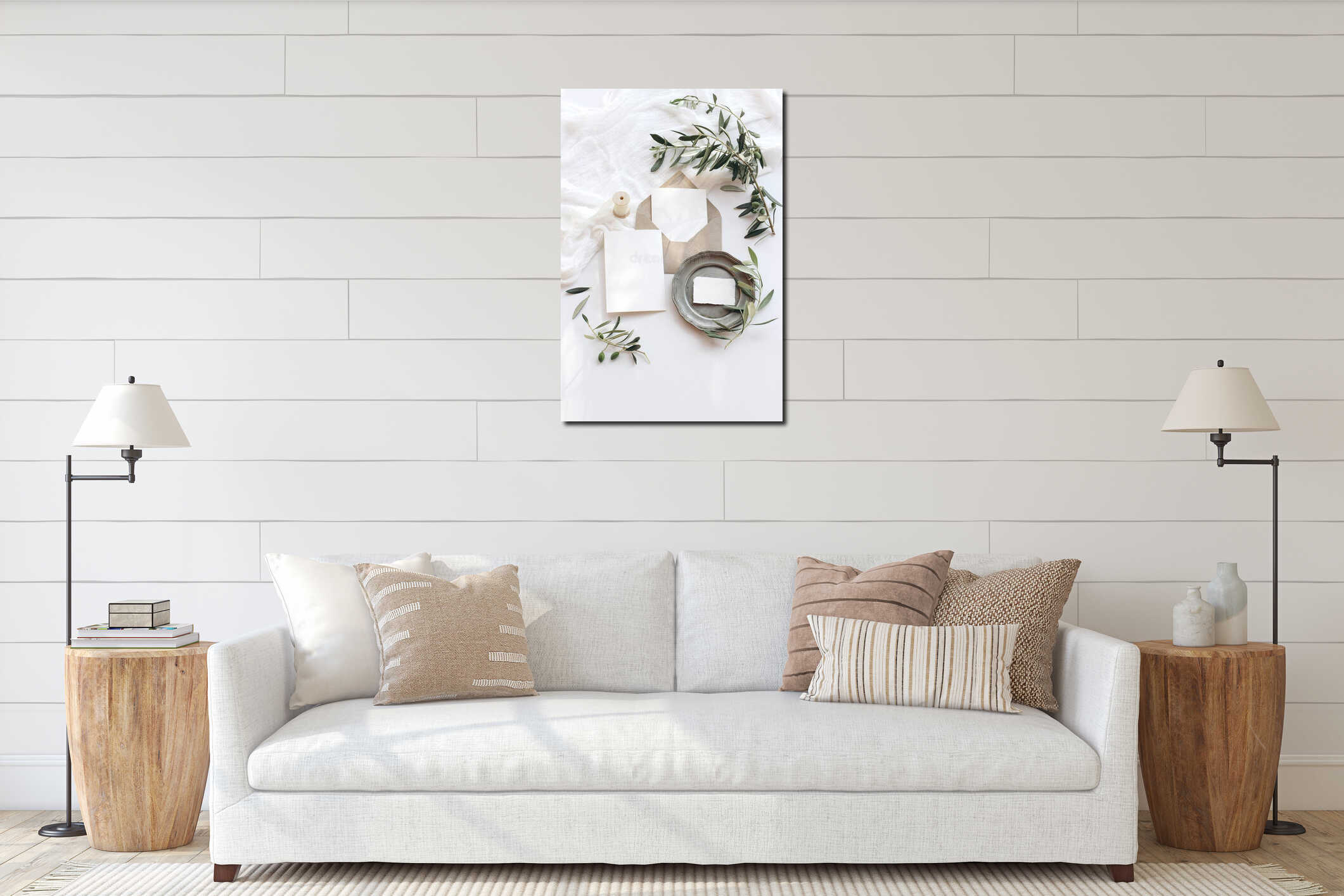 Summer wedding stationery mock-up scene. Blank greeting cards, envelope, vintage silver plate, olive branches and ribbon interior mockup