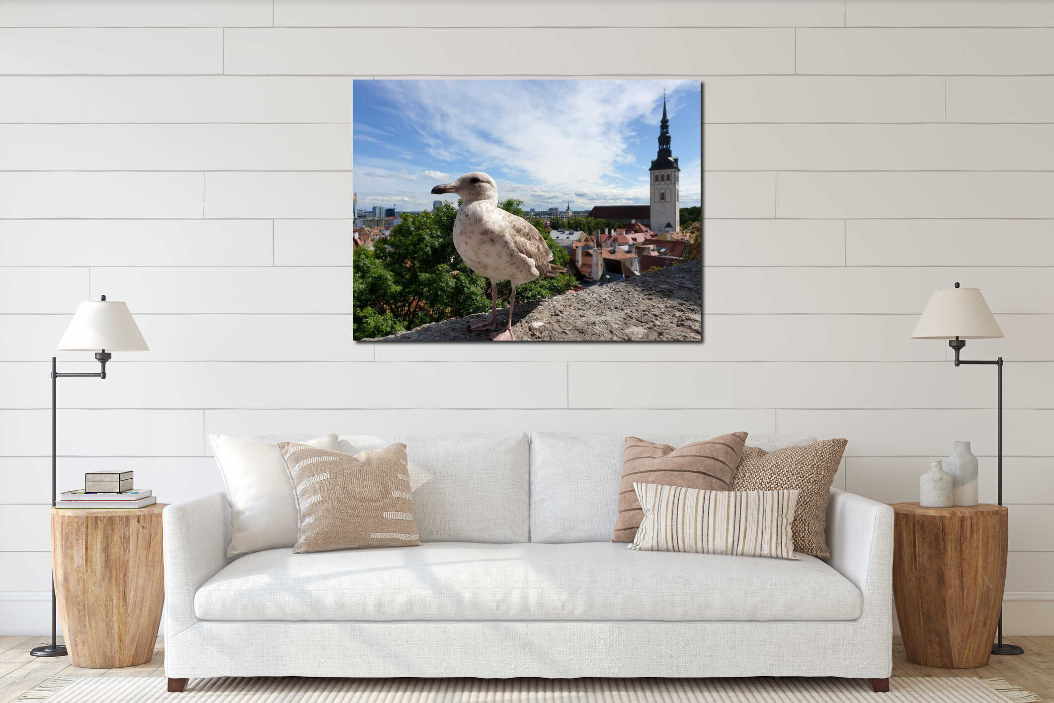 View to Tallinn old medieval town with seagull in the front. Photographed on Kohtuotsa viewing platform, tourist attraction. interior mockup