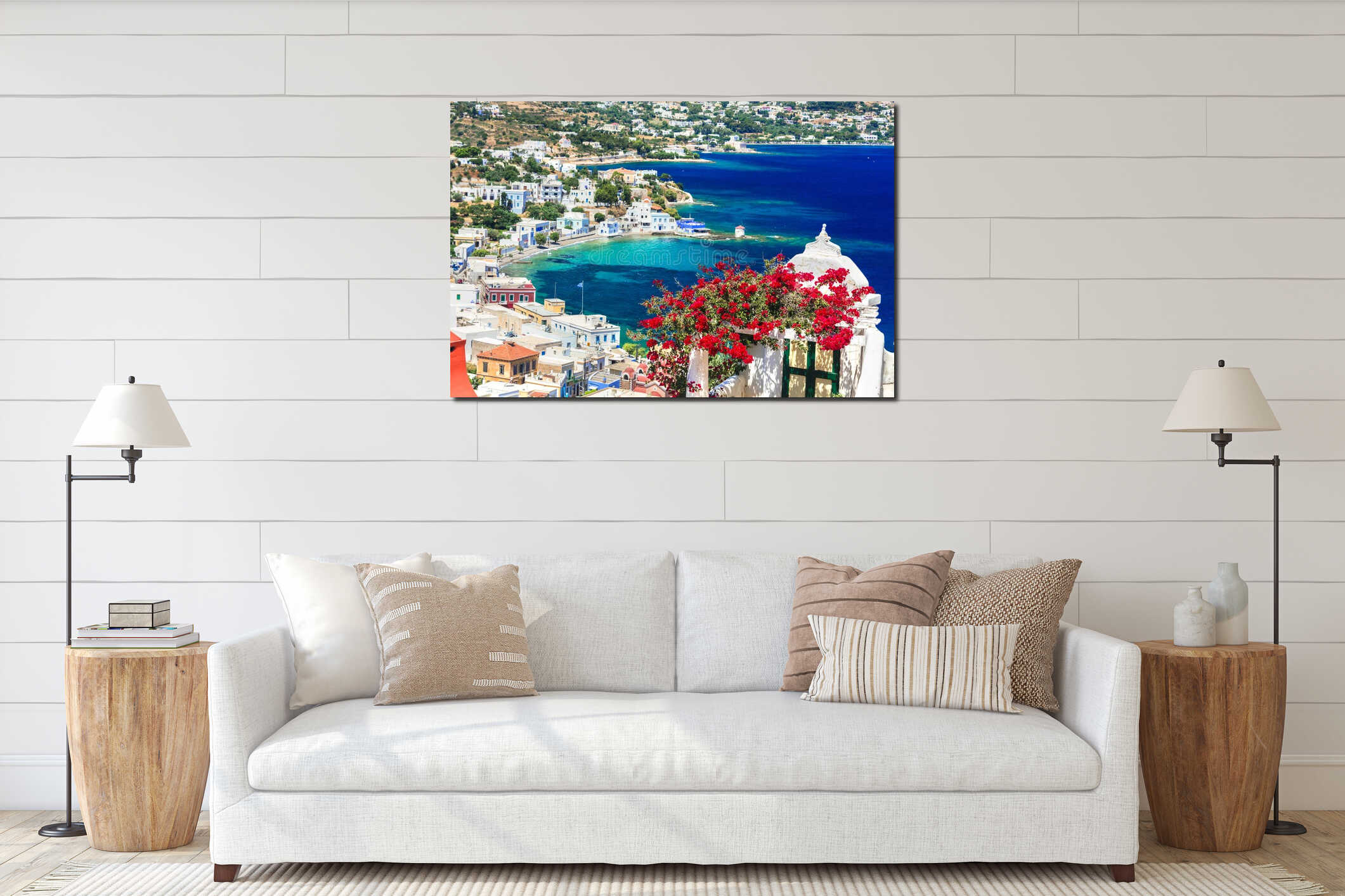 Beautiful traditional Greek island Leros. Dodecanese. view of Agia Marina village and port interior mockup