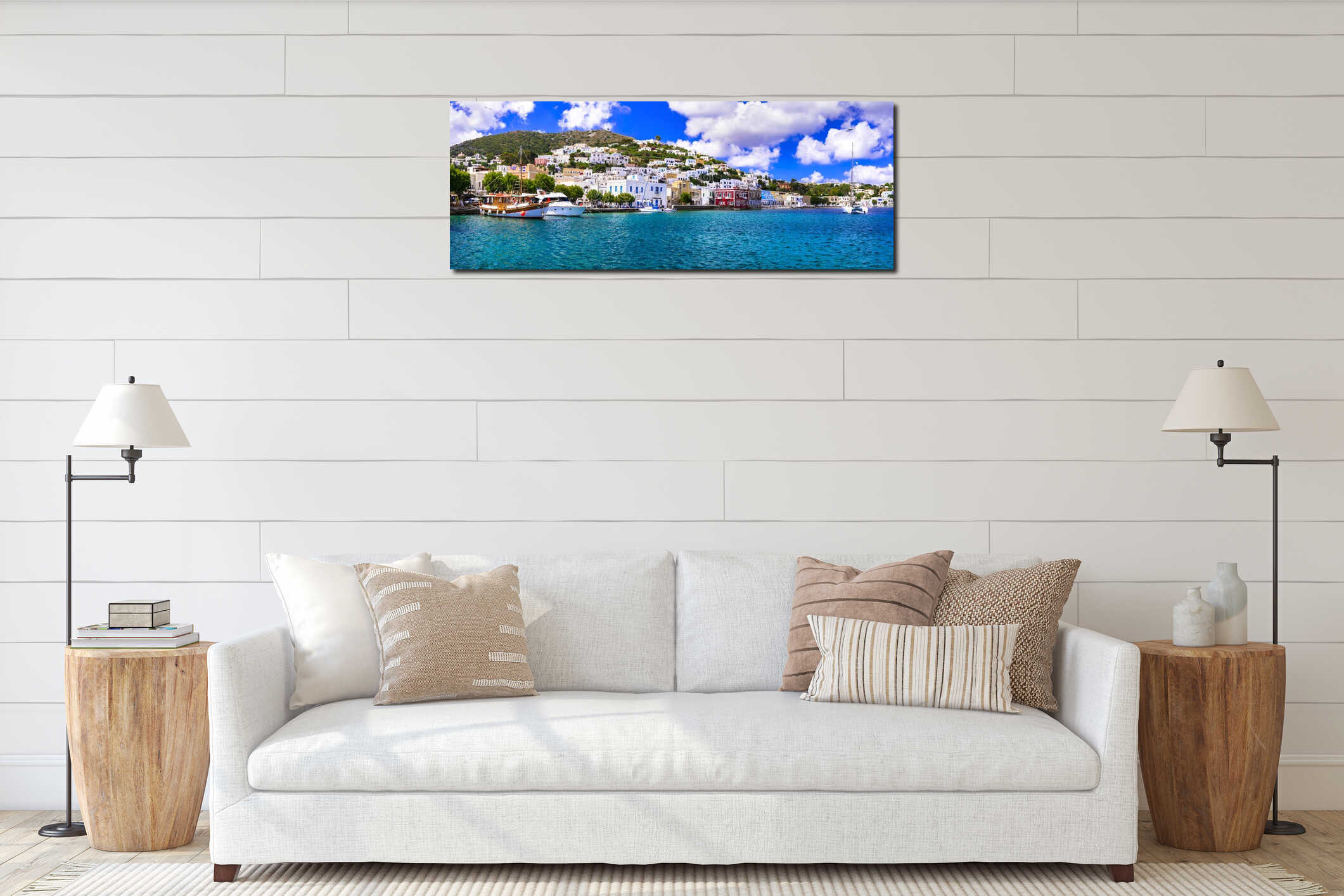 Beautiful traditional Greek island Leros. Dodecanese. view of Agia Marina village and port interior mockup