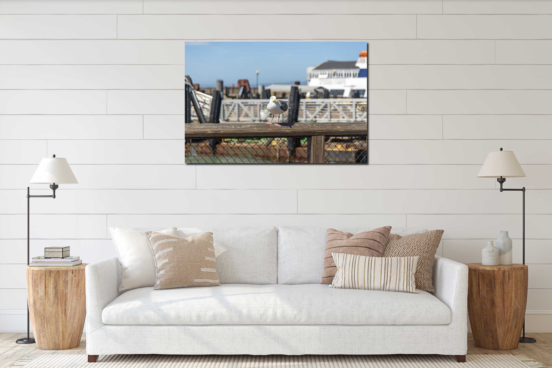 View of seagull at Pier interior mockup