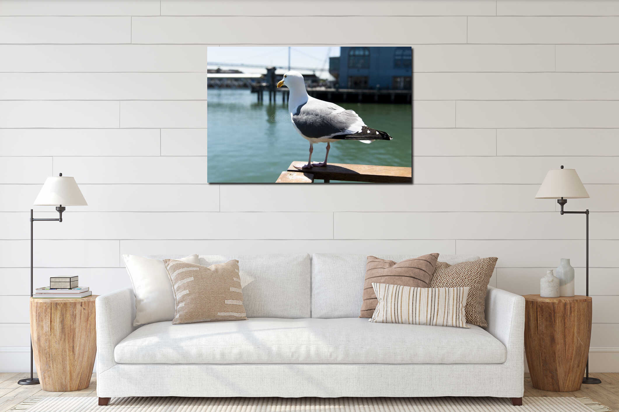 View of seagull at Pier interior mockup