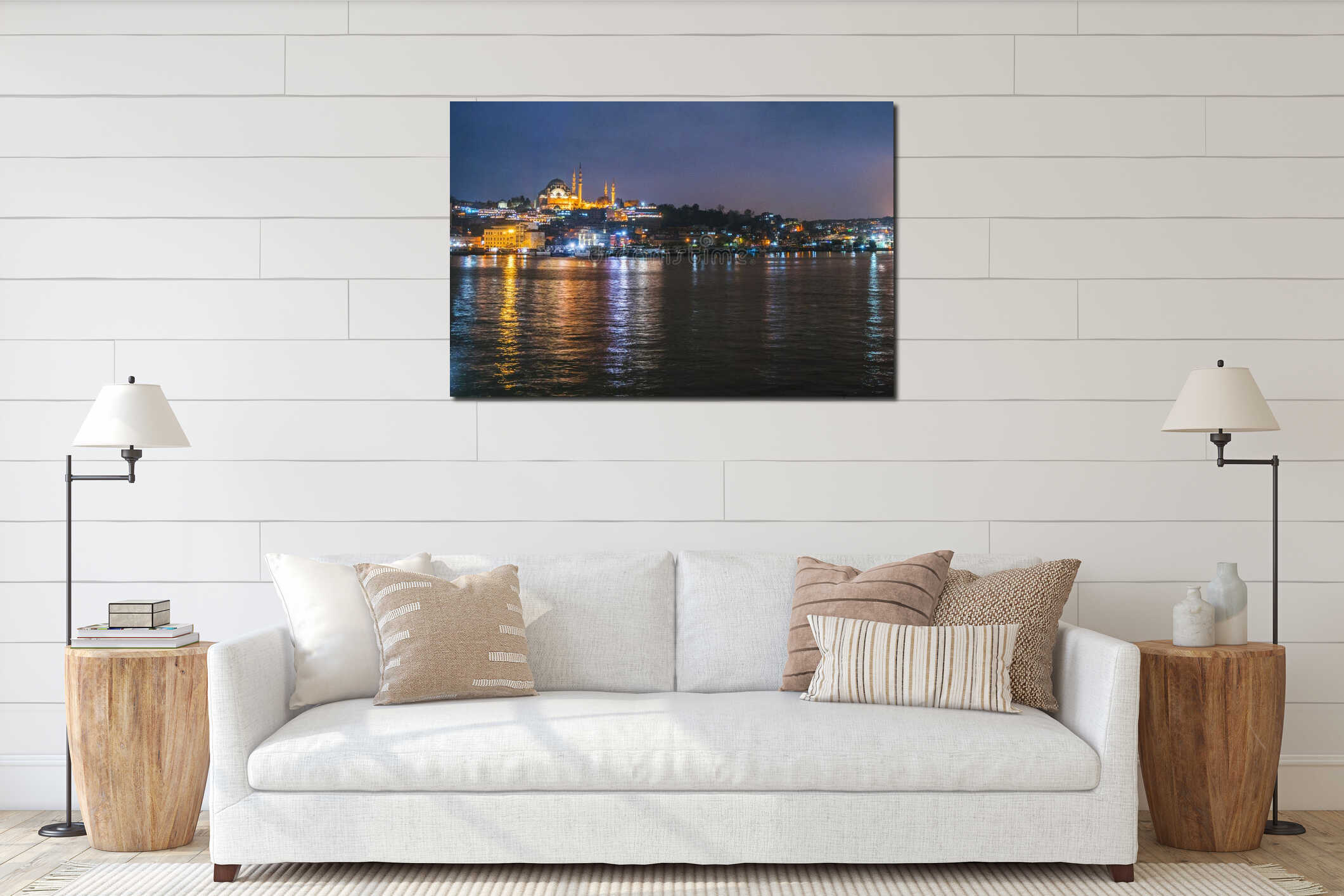 Night view of Istanbul cityscape Suleymaniye Mosque Rustem Pasha Mosque with floating tourist boats in Bosphorus ,Istanbul interior mockup