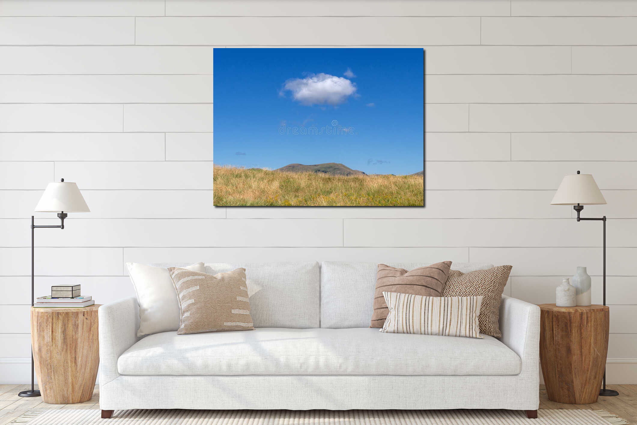Mountain top grass meadow and bright blue hot summer sk iwth single cloud above. Background. interior mockup
