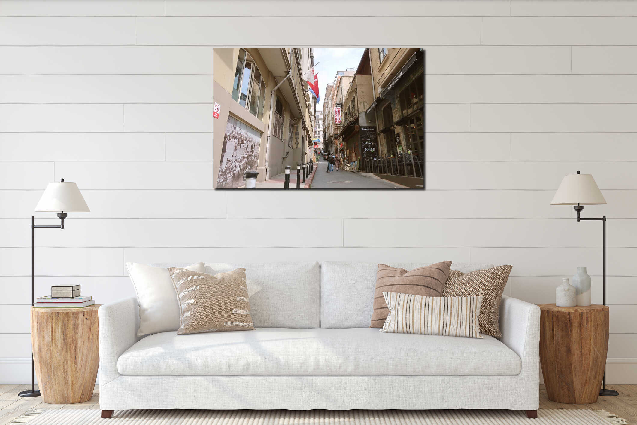 Streets of Istanbul, historical buildings. Turkish flags on the street. City life in Istanbul. interior mockup