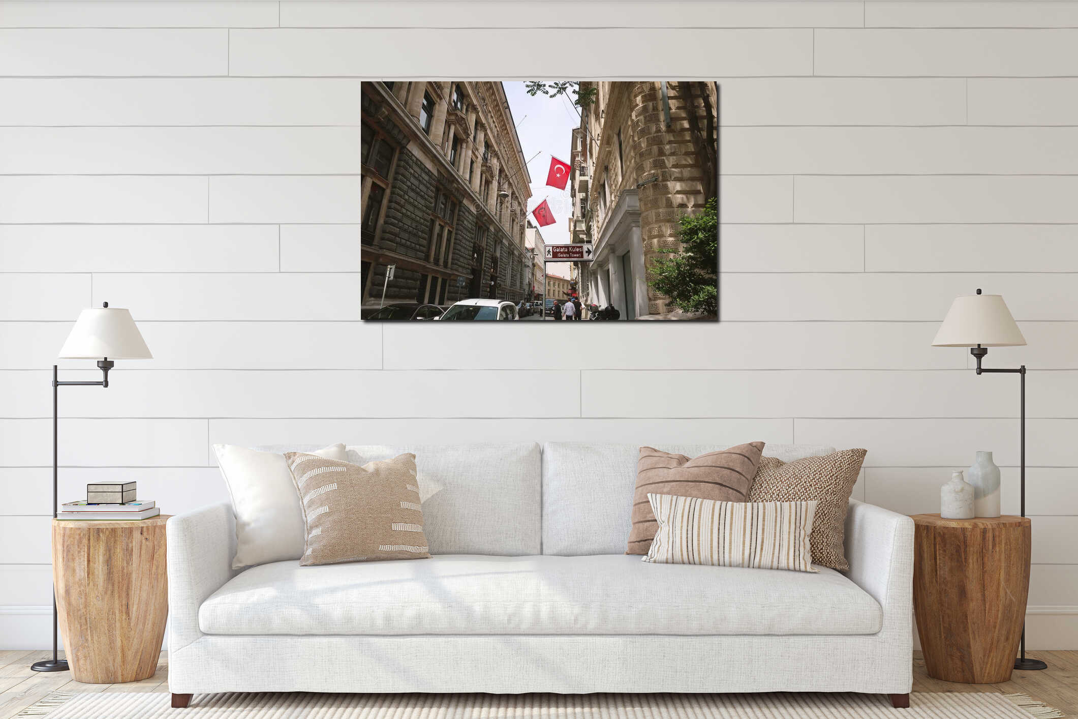 Streets of Istanbul, historical buildings. Turkish flags on the street. City life in Istanbul. interior mockup