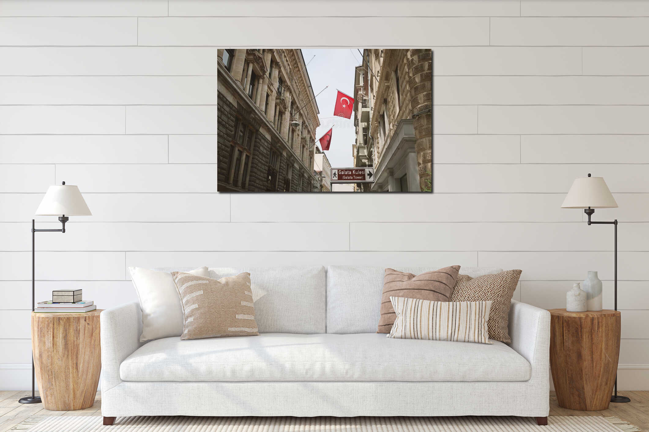 Streets of Istanbul, historical buildings. Turkish flags on the street. City life in Istanbul. interior mockup