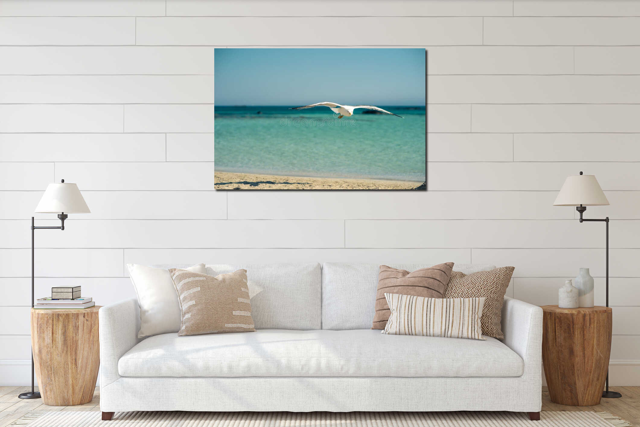 Single seagull flying, blue sky in background interior mockup