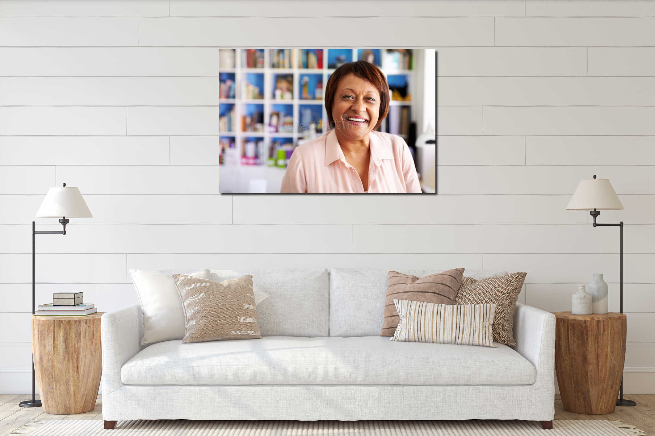 Portrait Of Smiling Mature Woman In Home Office By Bookcase interior mockup