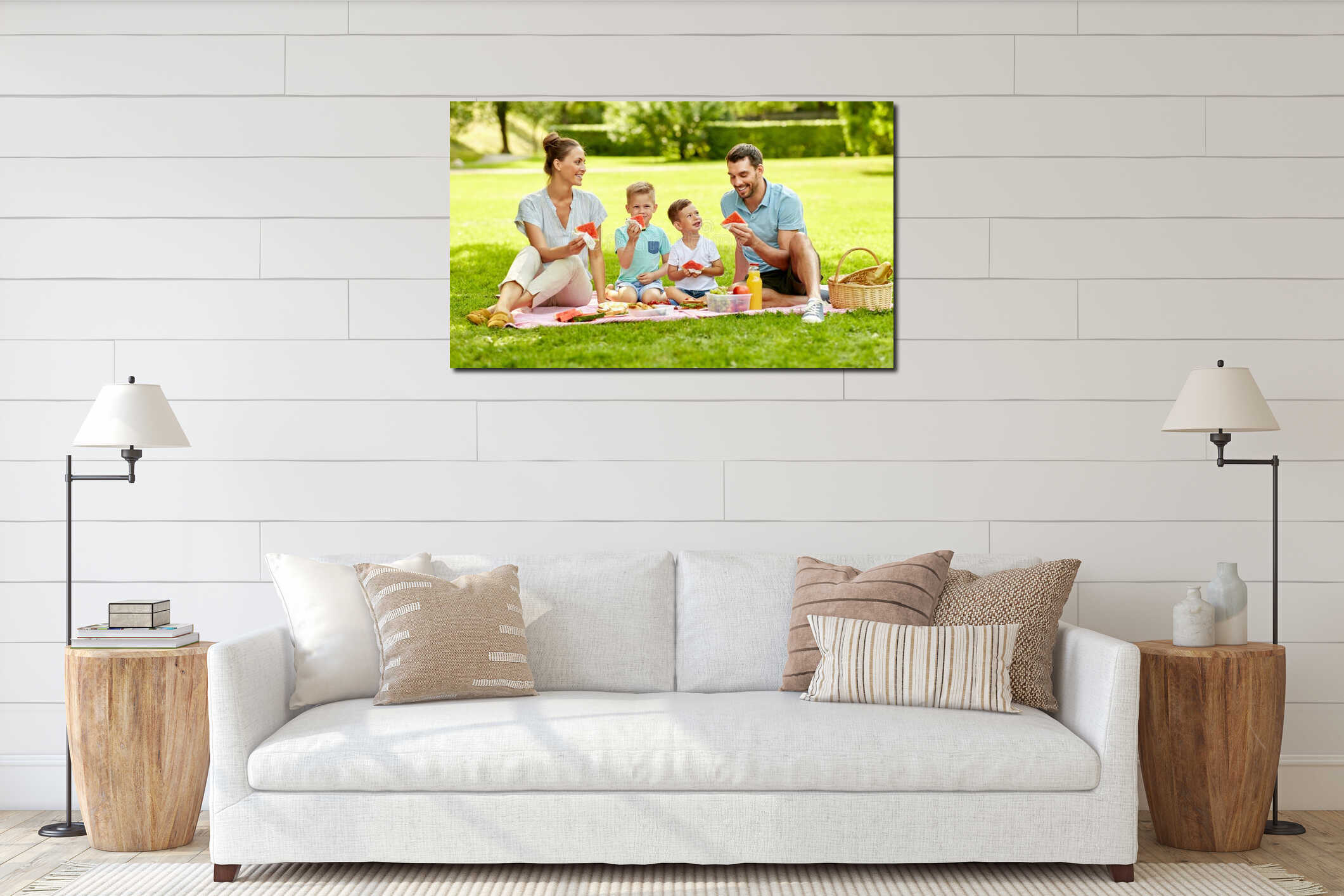 Happy family having picnic at summer park interior mockup