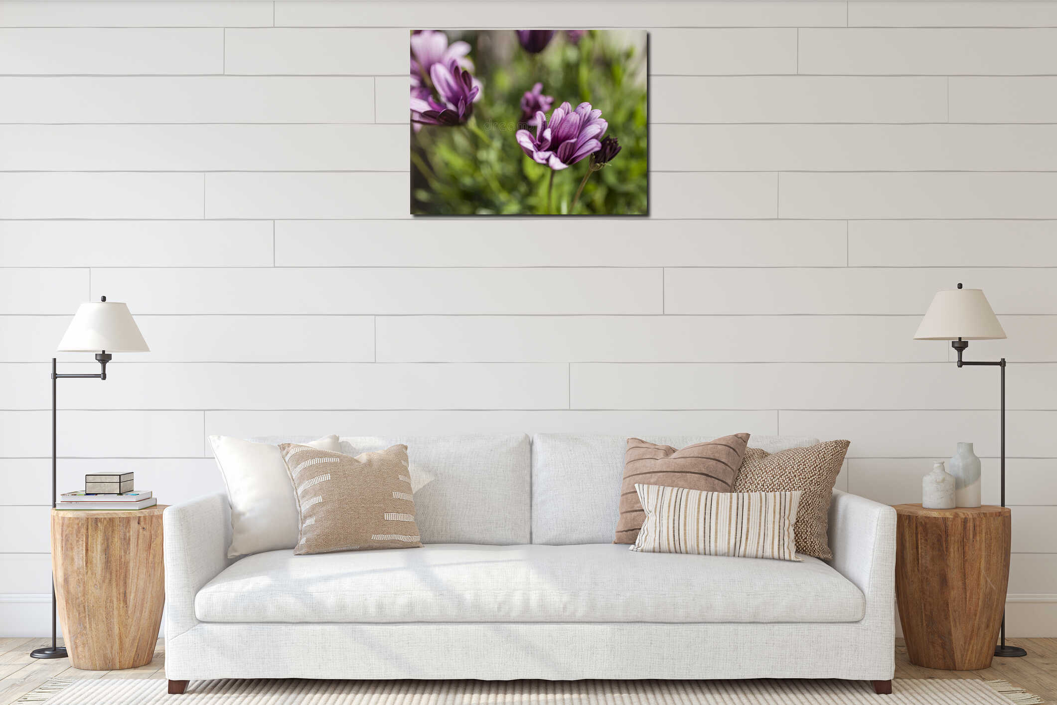 Violet flowers and green leaves - July in London. interior mockup