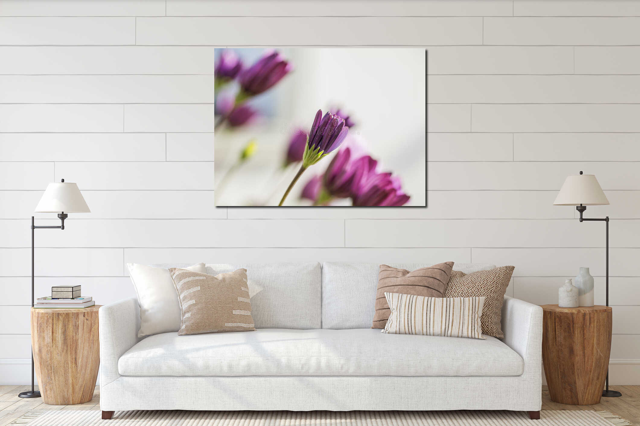 Violet and pink flowers and green leaves - July in London. interior mockup